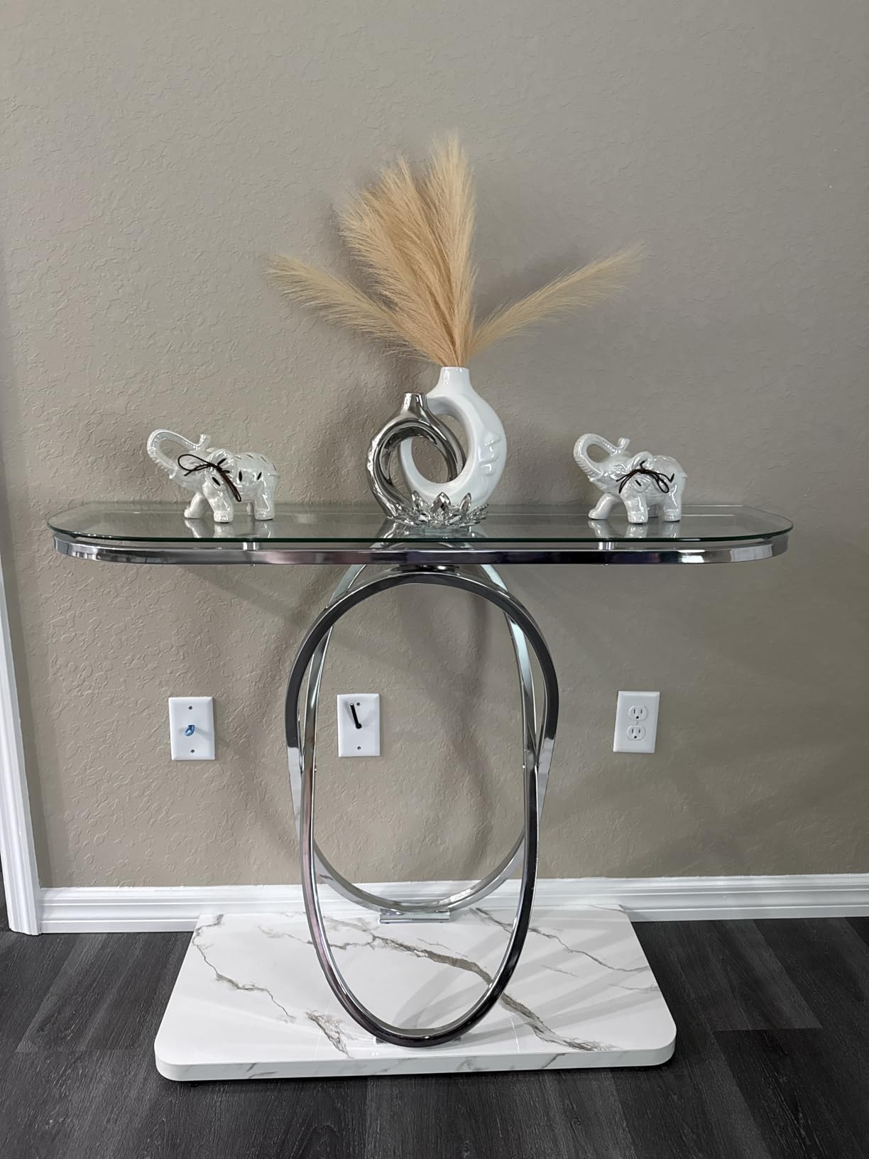 O&K FURNITURE Silver Glass Console Tables for Entryway,Glass Entryway Table with Curved Frames and Marble Base, Modern Entrance Table Sofa Table for Living Room,Hallway,Silver Glass&White Marble customer photo 2