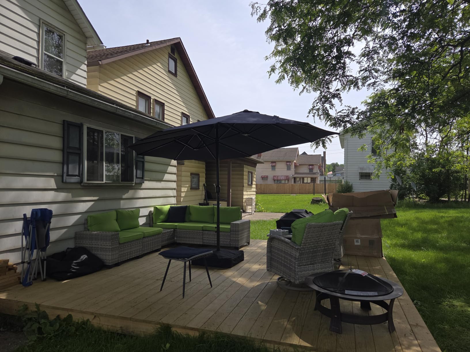 15ft Large Double Sided Patio Umbrella with 48 Solar LED Lights & Base Included, Heavy Duty Market Table Umbrella with 220gsm Fade-Resistant Canopy for Commercial & Residential, Deck, Pool, Backyard (Beige) customer photo 1