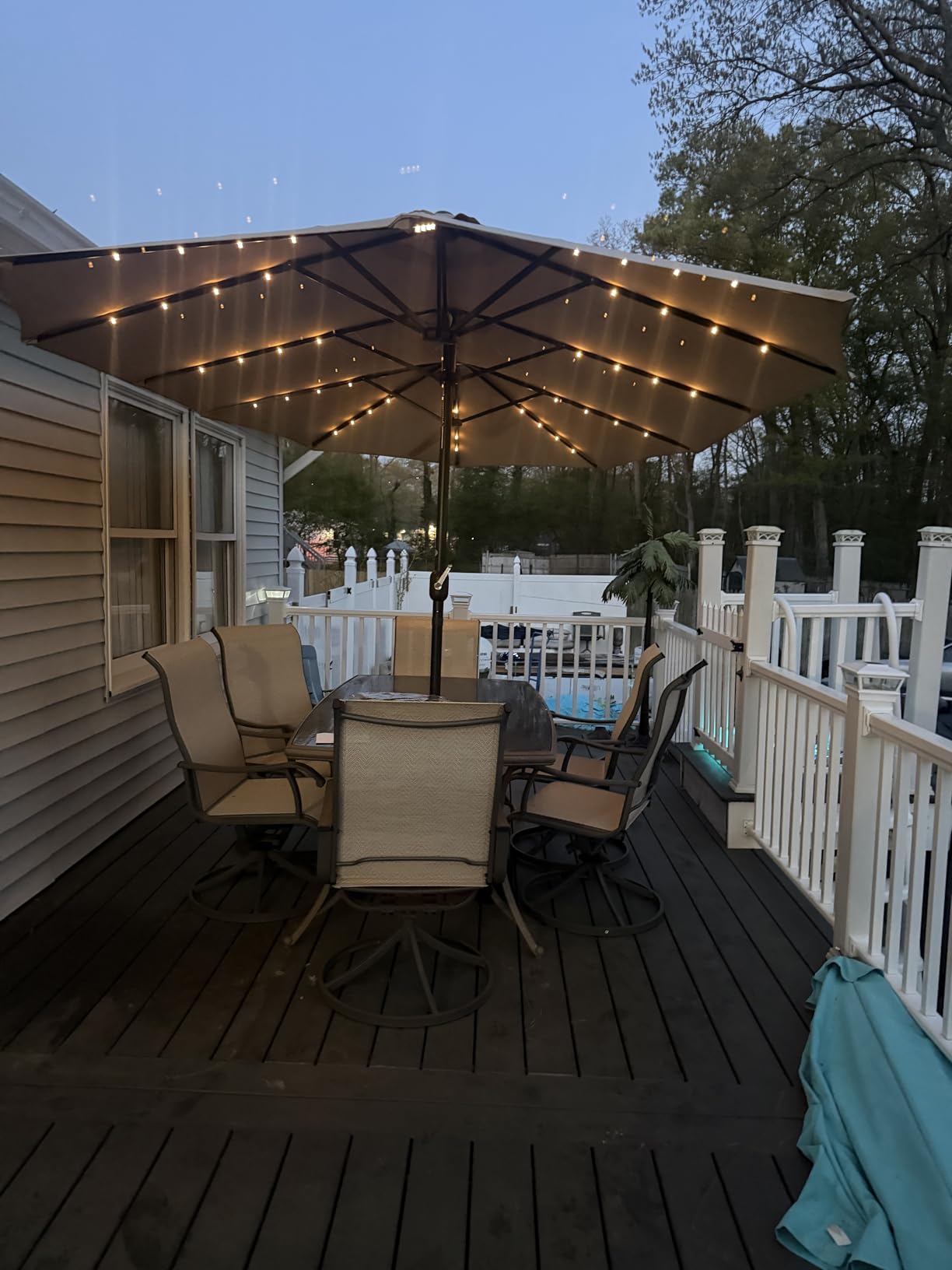 15ft Large Double Sided Patio Umbrella with 48 Solar LED Lights & Base Included, Heavy Duty Market Table Umbrella with 220gsm Fade-Resistant Canopy for Commercial & Residential, Deck, Pool, Backyard (Beige) customer photo 2