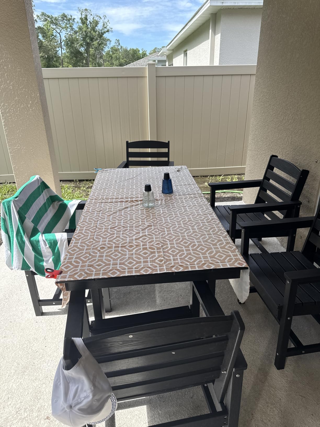 SERWALL 7-Piece Patio Dining Table Sets, Outdoor HDPE Dining Furniture Set with Umbrella Hole Cut-Out Table and 6 Chairs, Blue customer photo 1