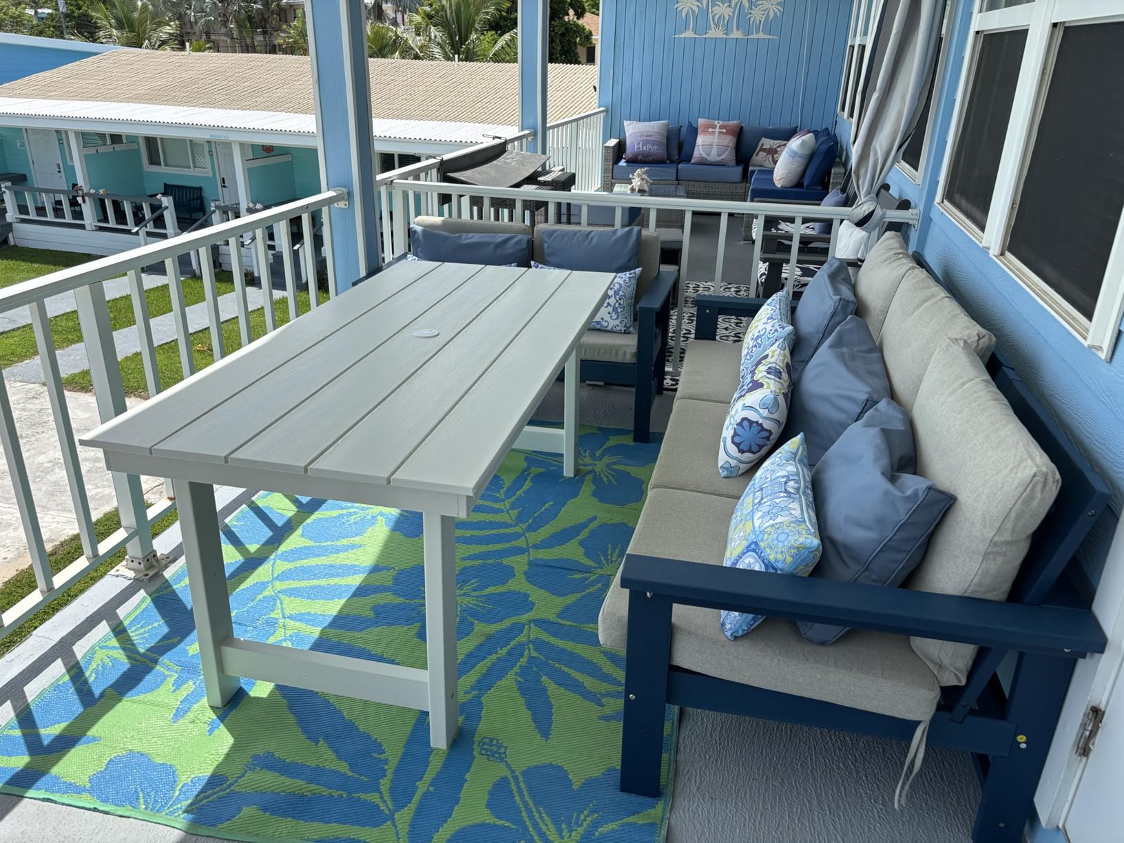 SERWALL 7-Piece Patio Dining Table Sets, Outdoor HDPE Dining Furniture Set with Umbrella Hole Cut-Out Table and 6 Chairs, Blue customer photo 2