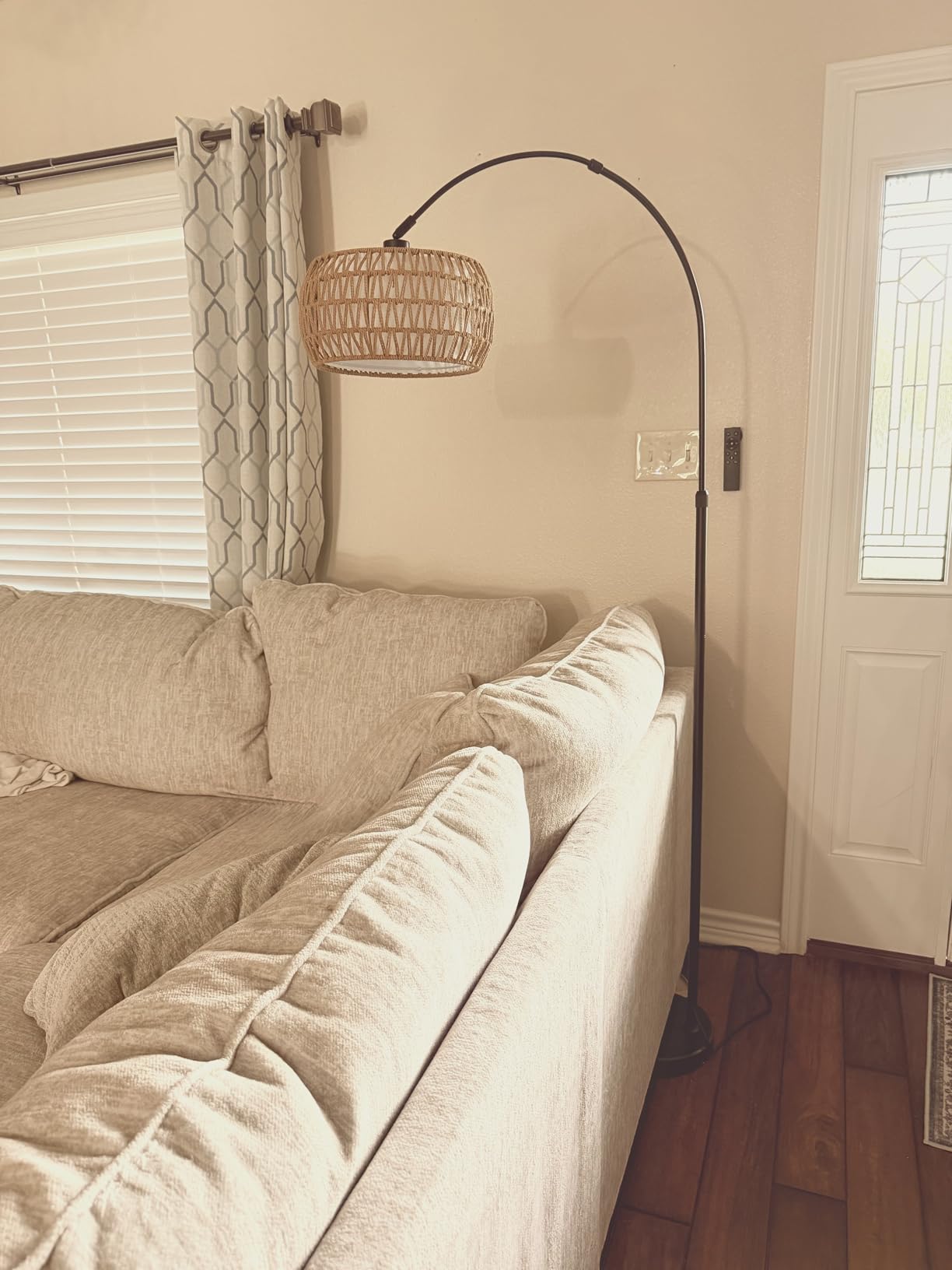 Arc Floor Lamps for Living Room with 3 Color Temperatures, Black Standing Lamp with Remote & Dimmable LED Bulb, Rattan Boho Floor Lamp, Farmhouse Tall Lamp for Bedroom, Over Couch Arched Reading Light customer photo 1
