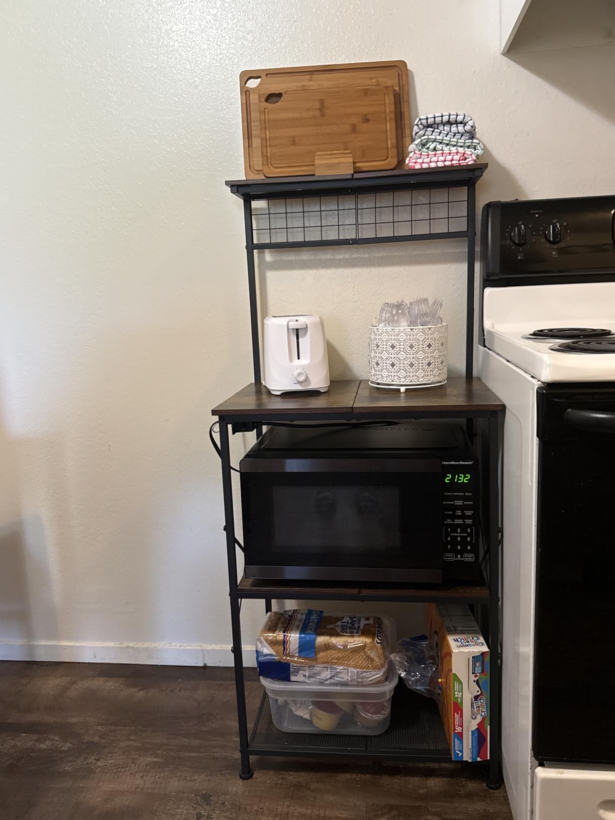 Furologee Kitchen Bakers Rack with Power Outlet, Microwave Oven Stand with Storage 4 Tiers, Coffee Bar Table with 6 S Hooks, Kitchen Storage Shelf Rack for Spices, Pots, Rustic Brown customer photo 1