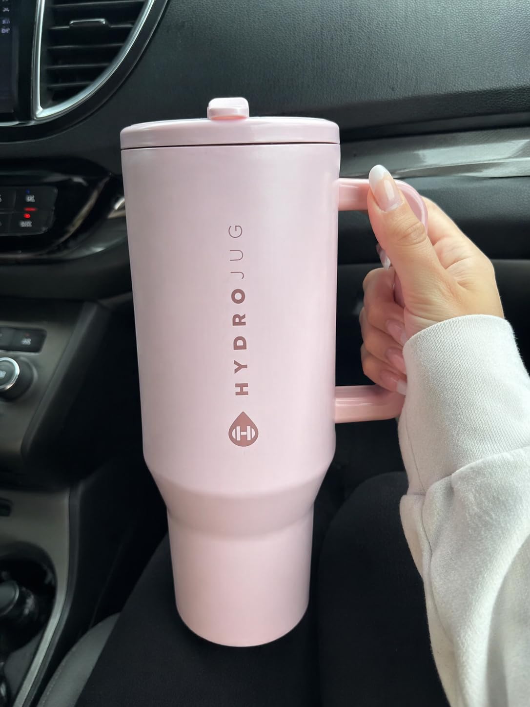 HydroJug Traveler - 40 oz Water Bottle with Handle & Flip Straw - Fits in Cup Holder, Leak Resistant Tumbler-Reusable Insulated Stainless Steel & Rubber Base - Gifts for Women & Men, Pink Sand customer photo 2