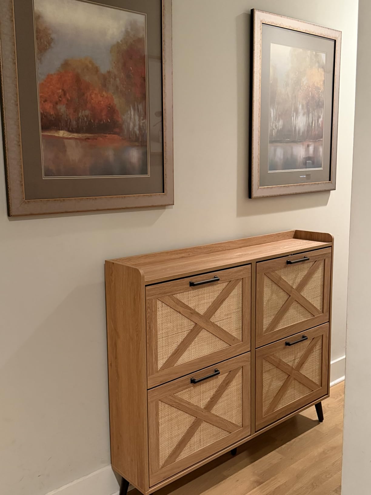 Barnyatoh Shoe Storage Cabinet, Farmhouse Shoe Organizer with 2 Flip Drawers & Barn Door Design, Freestanding Hidden Slim Narrow Shoe Rack Cabinet for Entryway, Foyer, Hallway, Walnut customer photo 2