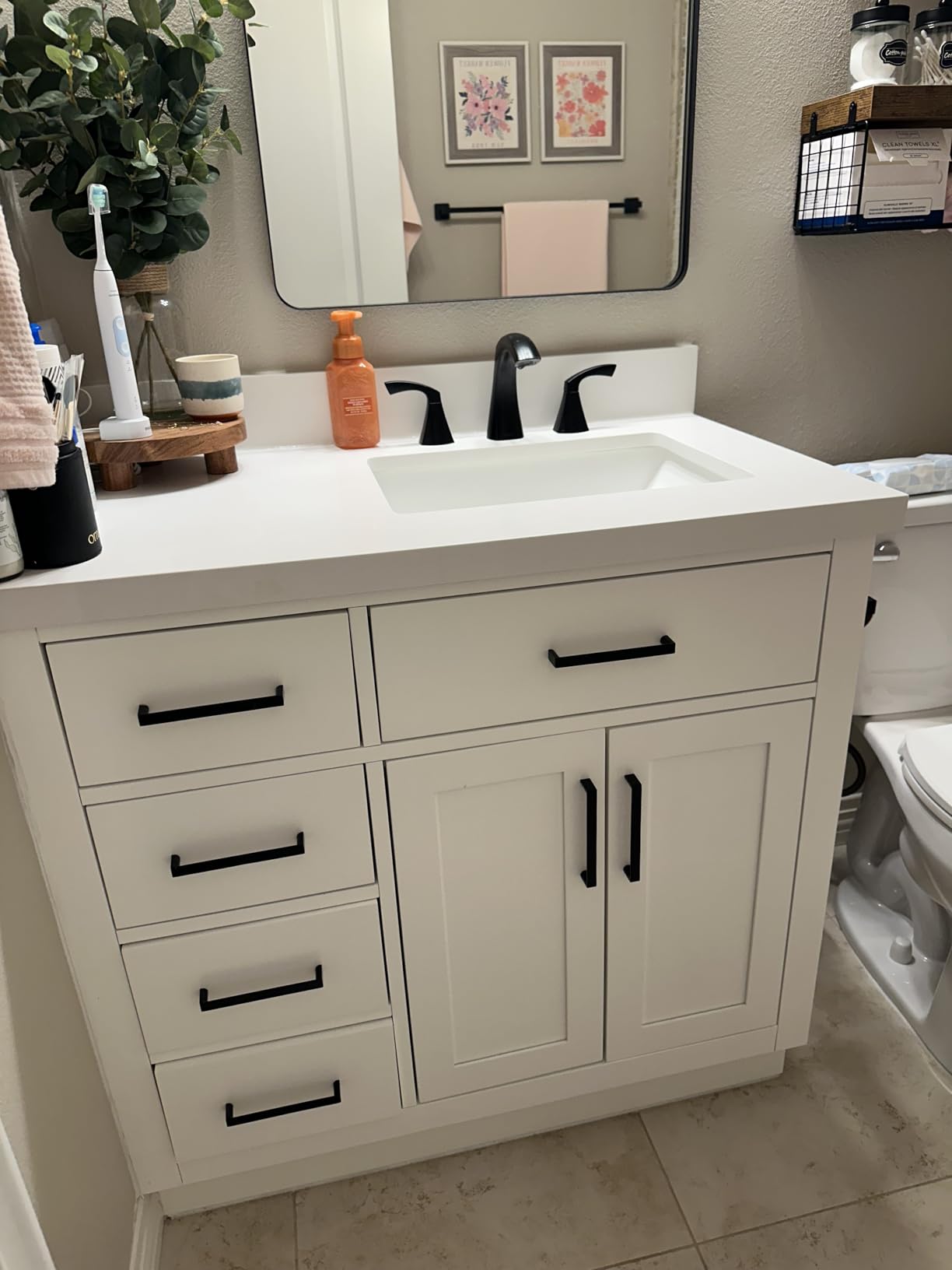 ARIEL Hepburn 36-inch Bathroom Vanity with Sink,Solid Wood, 1.5-inch Carrara White Quartz Countertop & Backsplash, Single Rectangular Porcelain Sink, 2 Soft Closing Doors, 5 Dovetail Drawers, White customer photo 1