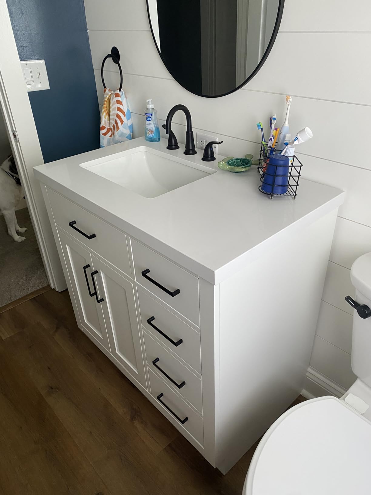 ARIEL Hepburn 36-inch Bathroom Vanity with Sink, Solid Wood, 1.5-inch Carrara White Quartz Countertop & Backsplash, Single Rectangular Porcelain Sink, 2 Soft Closing Doors, 5 Dovetail Drawers, Grey customer photo 1