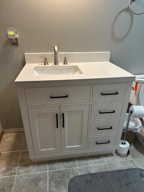 ARIEL Hepburn 36-inch Bathroom Vanity with Sink, Solid Wood, 1.5-inch Carrara White Quartz Countertop & Backsplash, Single Rectangular Porcelain Sink, 2 Soft Closing Doors, 5 Dovetail Drawers, Grey customer photo 2