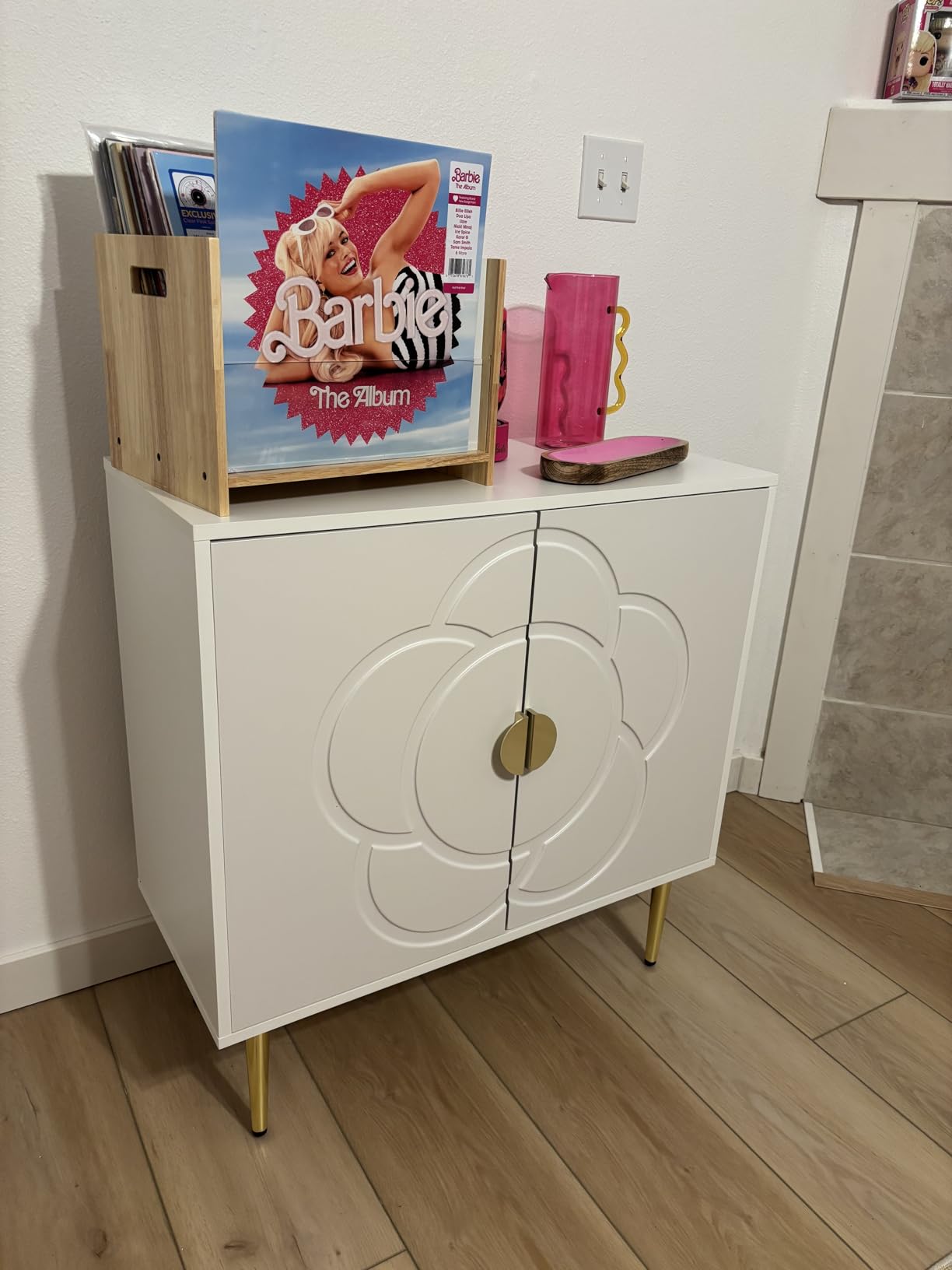 TOLEAD Storage Cabinet, Modern Cabinet with Decorative Flower Pattern Doors, Accent Sideboard Buffet Cabinet for Hallway, Living Room, Kitchen, White customer photo 1