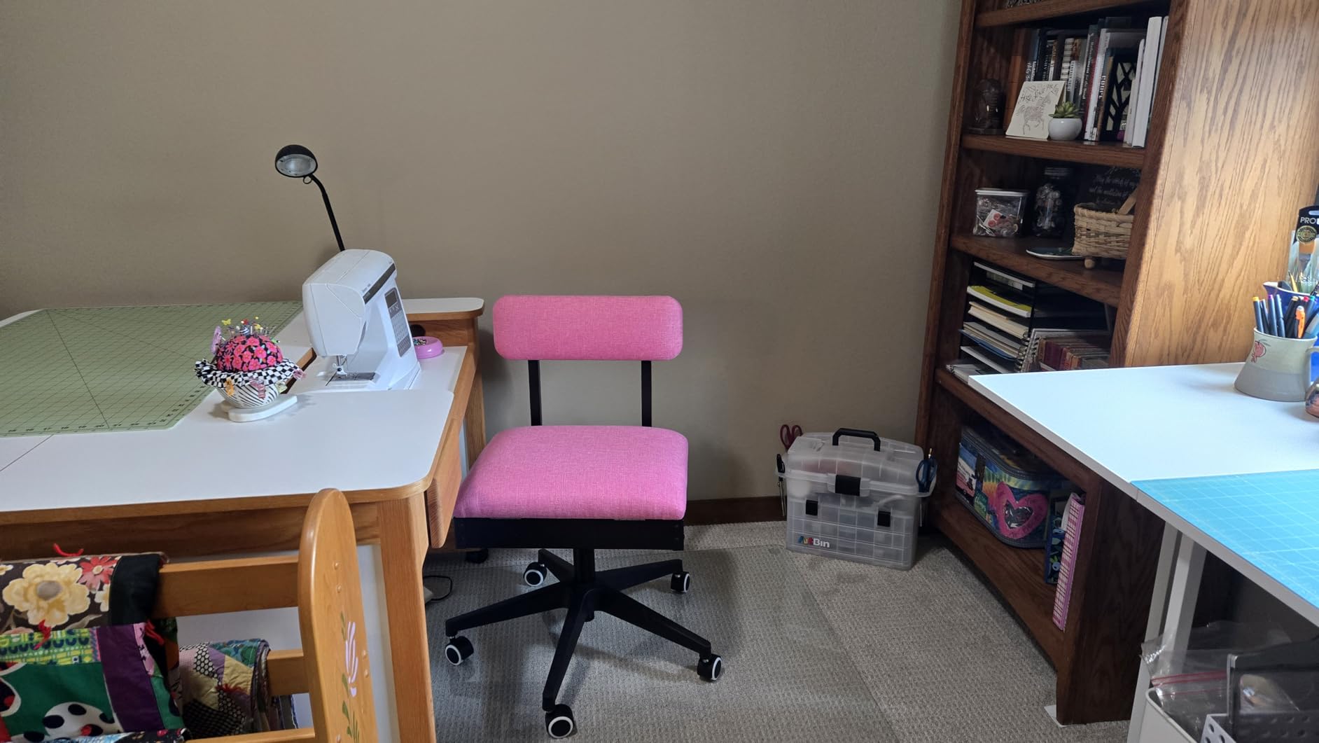Pink Power Sewing Chair with Wheels and Adjustable Back Support - Hydraulic Armless Machine Chair for Crafting, Quilting, Artists customer photo 2