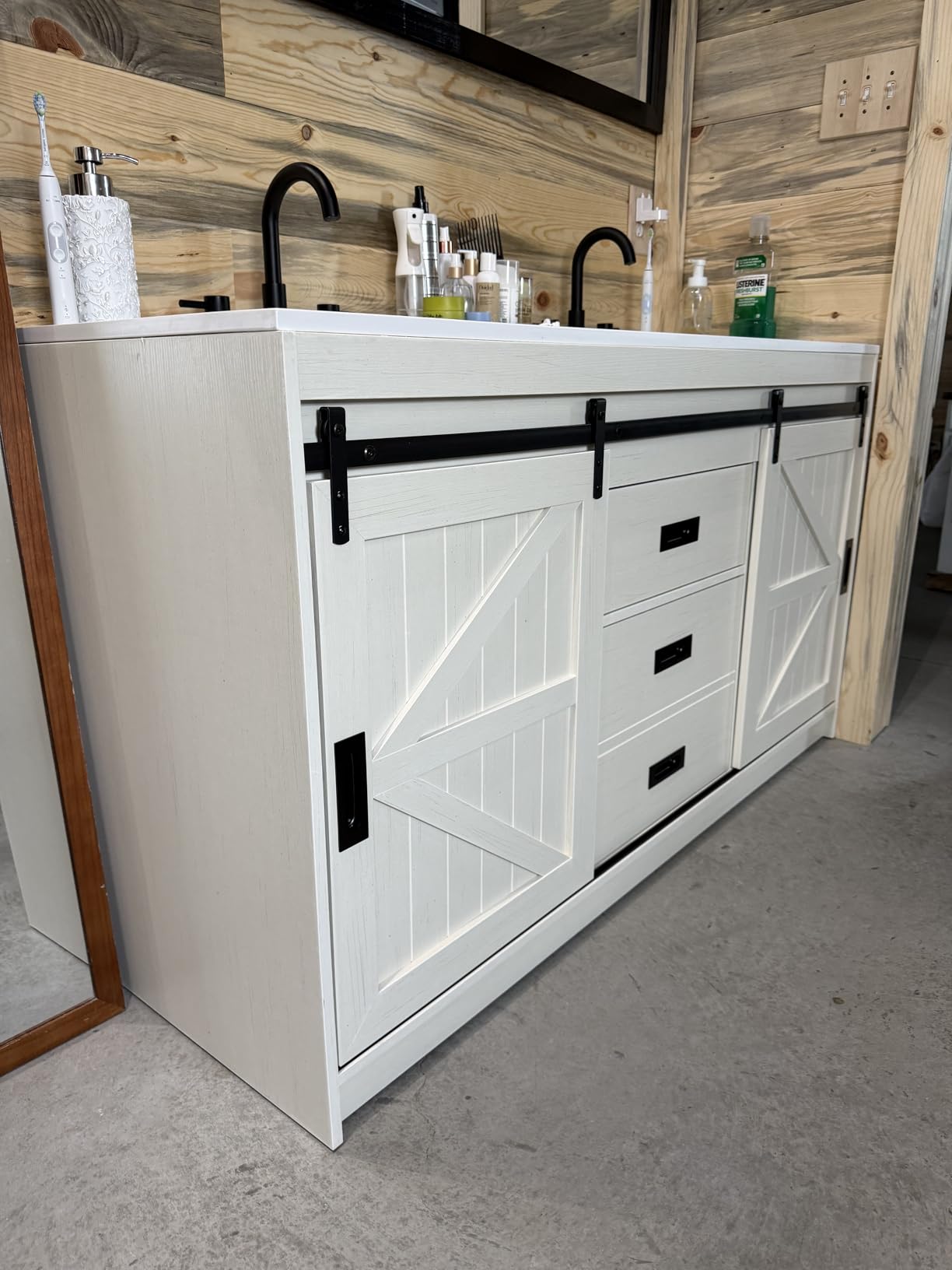 AMERLIFE Farmhouse Bathroom Vanity with Sink Combo, 30in Sliding Barn Door Bathroom Vanity Cabinet Set with Storage Drawers, Metal Handles, Small Single Bath Storage Vanity Sink, Light Grey customer photo 1