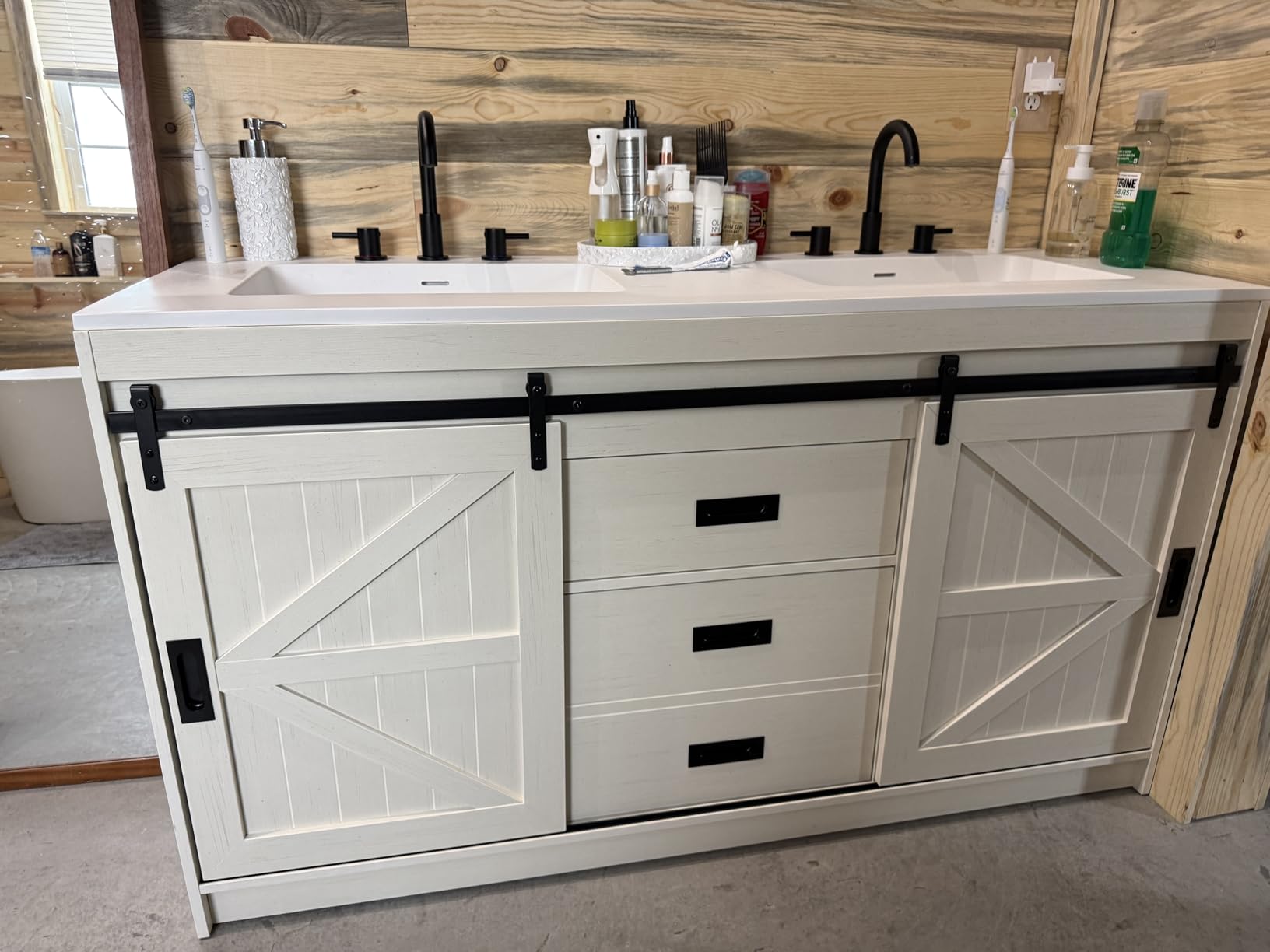 AMERLIFE Farmhouse Bathroom Vanity with Sink Combo, 30in Sliding Barn Door Bathroom Vanity Cabinet Set with Storage Drawers, Metal Handles, Small Single Bath Storage Vanity Sink, Light Grey customer photo 2