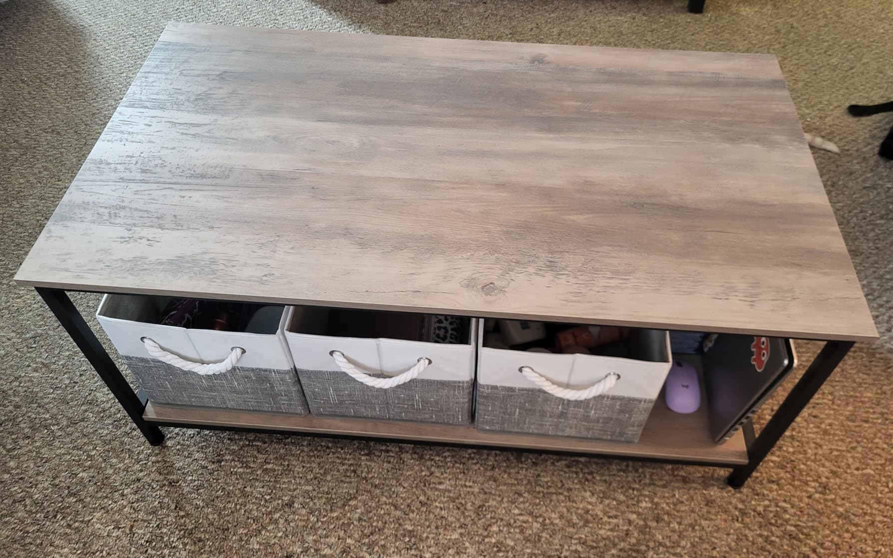 Homeiju Coffee Table for Living Room with Slatted Sides Frame, Modern Farmhouse Living Room Table with 2-Tier Storage Shelf for Home Office, Apartment, Grey Wash, 39 inch customer photo 2