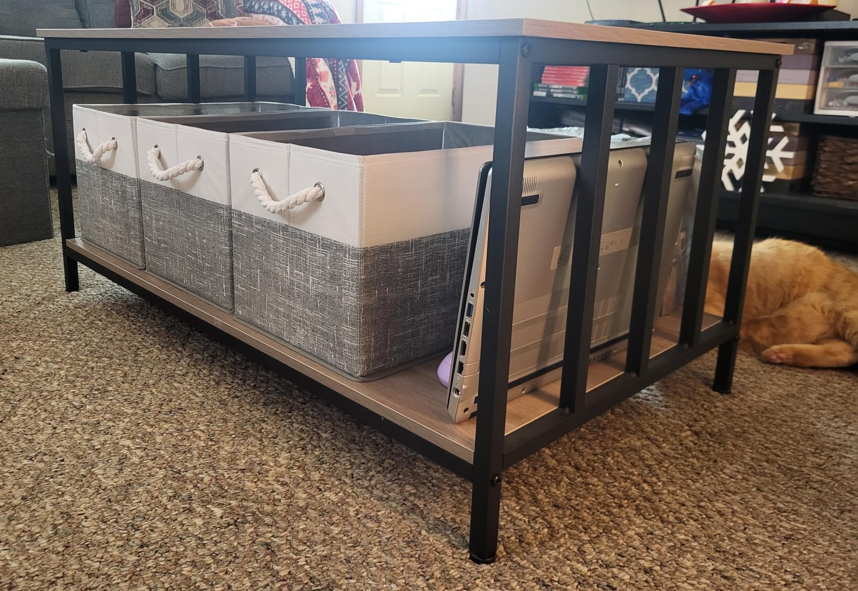 Homeiju Coffee Table for Living Room with Slatted Sides Frame, Modern Farmhouse Living Room Table with 2-Tier Storage Shelf for Home Office, Apartment, Grey Wash, 39 inch customer photo 2