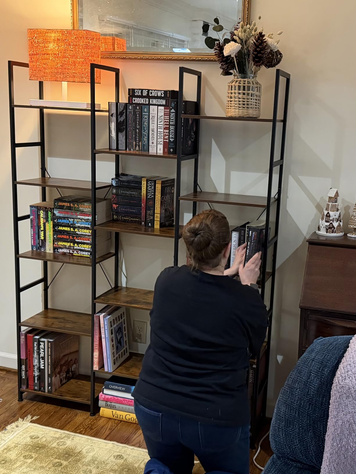 NUMENN Triple Column 5 Tier Bookshelf with 14 Adjustable Shelves, Vintage | Metal Frame & Wood Shelves, Open Freestanding Storage Unit with Supporting Bars for Bedroom, Living Room and Home Office customer photo 2