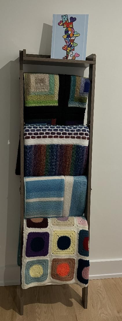 Hzuaneri Blanket Ladder Shelf, Decorative Quilt Rack, 6-Tier Farmhouse Ladder Holder Organizer with 4 Removable Hooks 7.9