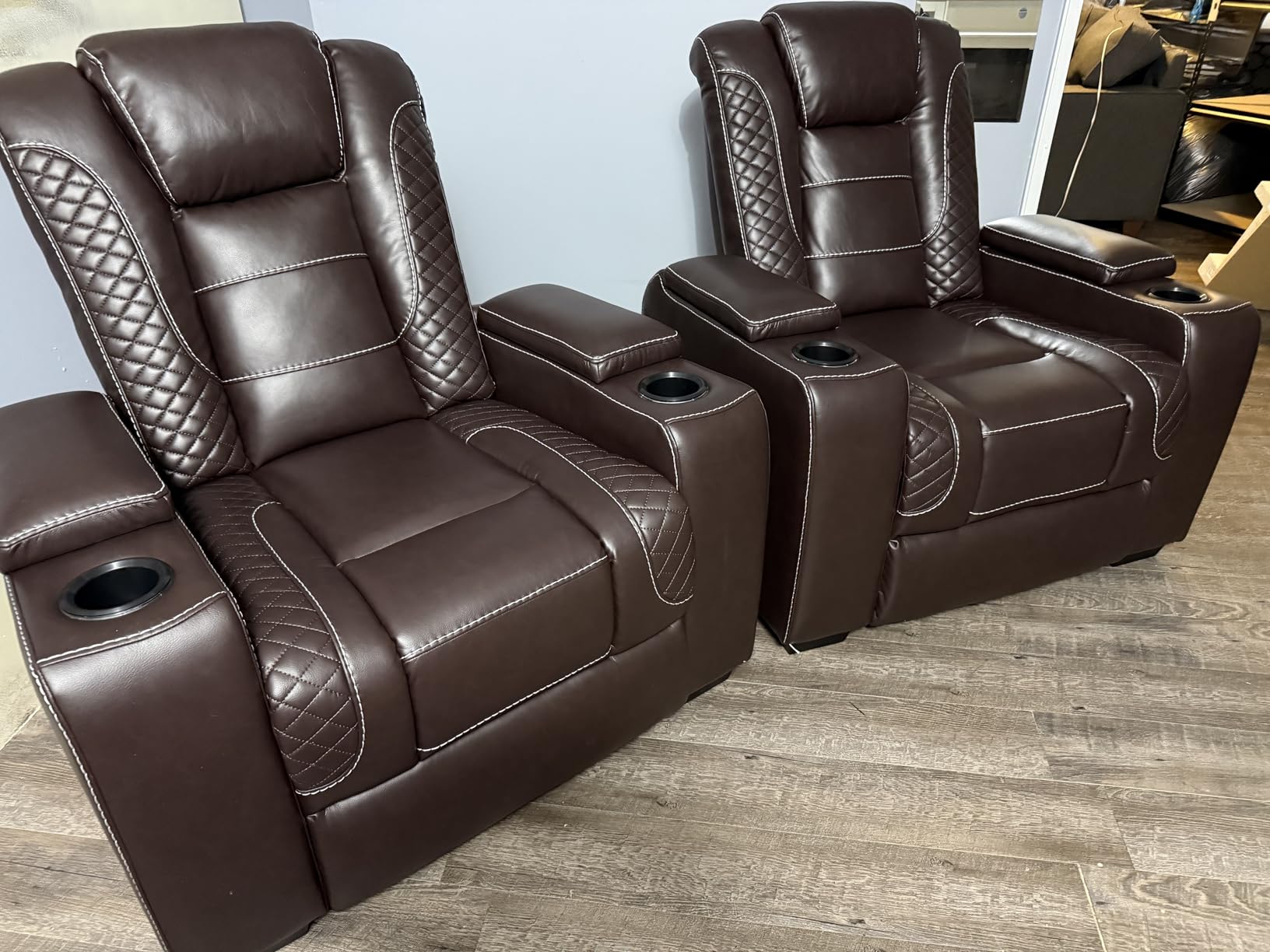 ANJ Power Home Theater Seating Recliner Chairs Set of 3, PU Leather Recliner & Cup Holder, Electric Movie Theater Reclining Chairs with Adjustable Headrest, Blue LED, Hidden Arm Storage (Black-Blue) customer photo 1
