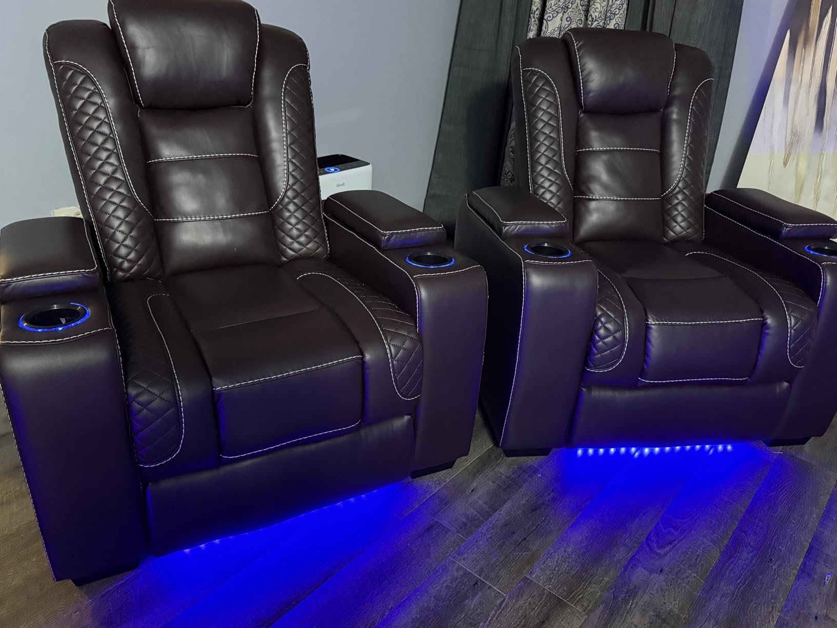 ANJ Power Home Theater Seating Recliner Chairs Set of 3, PU Leather Recliner & Cup Holder, Electric Movie Theater Reclining Chairs with Adjustable Headrest, Blue LED, Hidden Arm Storage (Black-Blue) customer photo 2