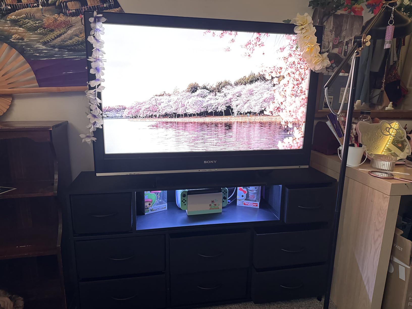 WLIVE Black Dresser TV Stand for 45, 50, 55 inch TV, Entertainment Center with LED Lights & Charging Station, Chest of Drawers with 8 Fabric Drawers and Open Shelves for Living Room, Hallway, Wood Top customer photo 1