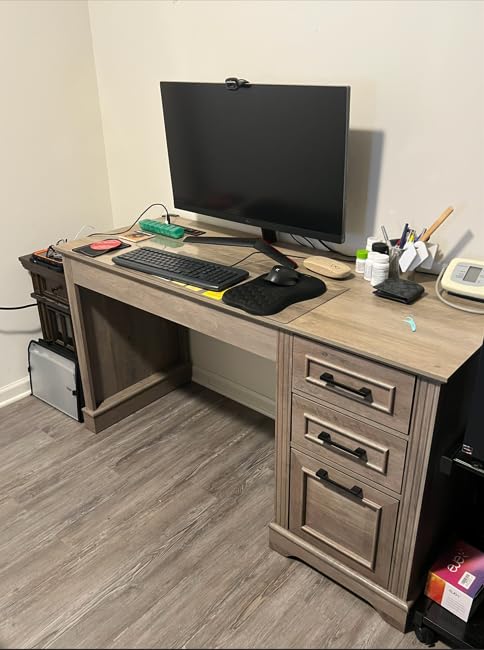Itaar Farmhouse Executive L Shaped Desk, Home Office Desk with File Drawer and Power Outlet, Computer Corner Desk with Drawers and Storage Cabinet, Workstation for Office Home, White customer photo 1
