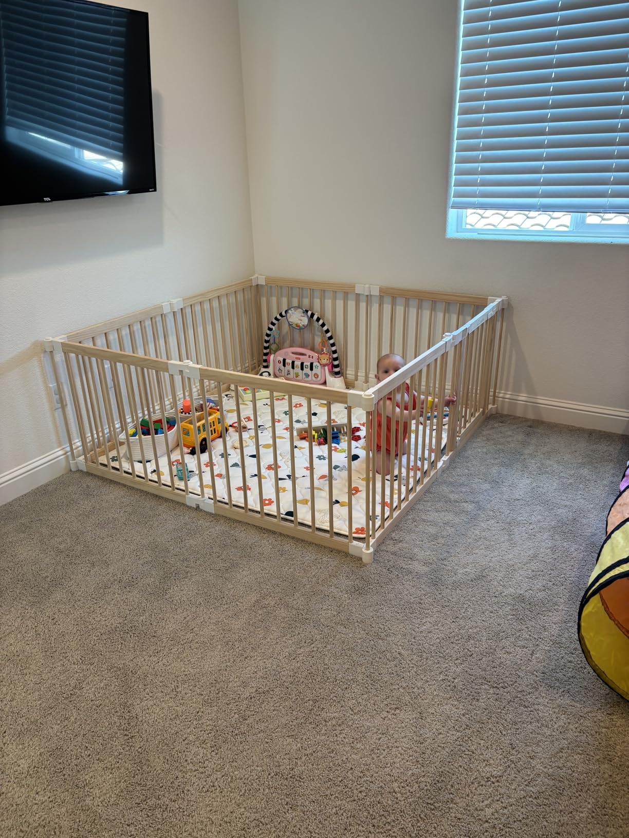 Foldable Wooden Baby Playpen Large Play Yard for Babies, 2-in-1 New Mom Helper Portable Fence, 25