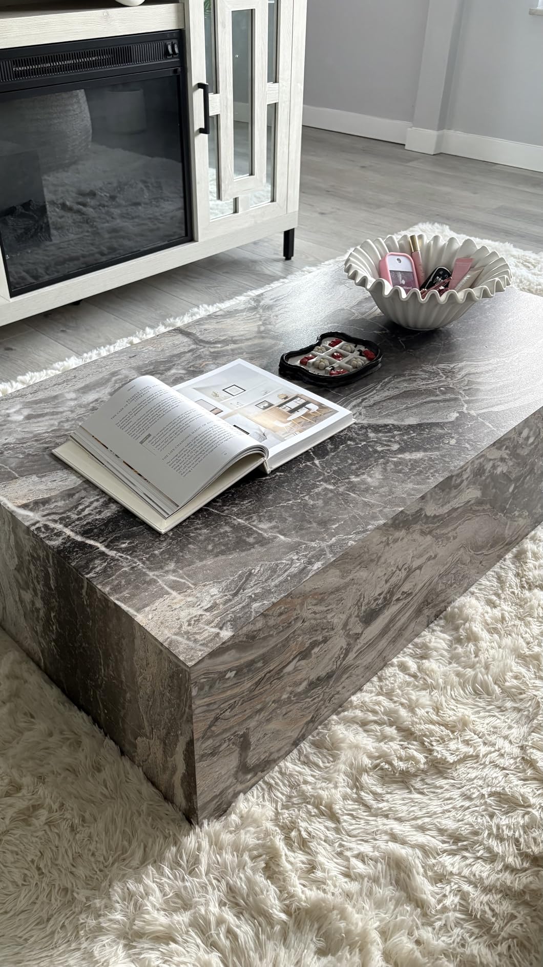 Coffee Table, Modern Faux Marble Living Room Table in Grey, Apartment customer photo 2