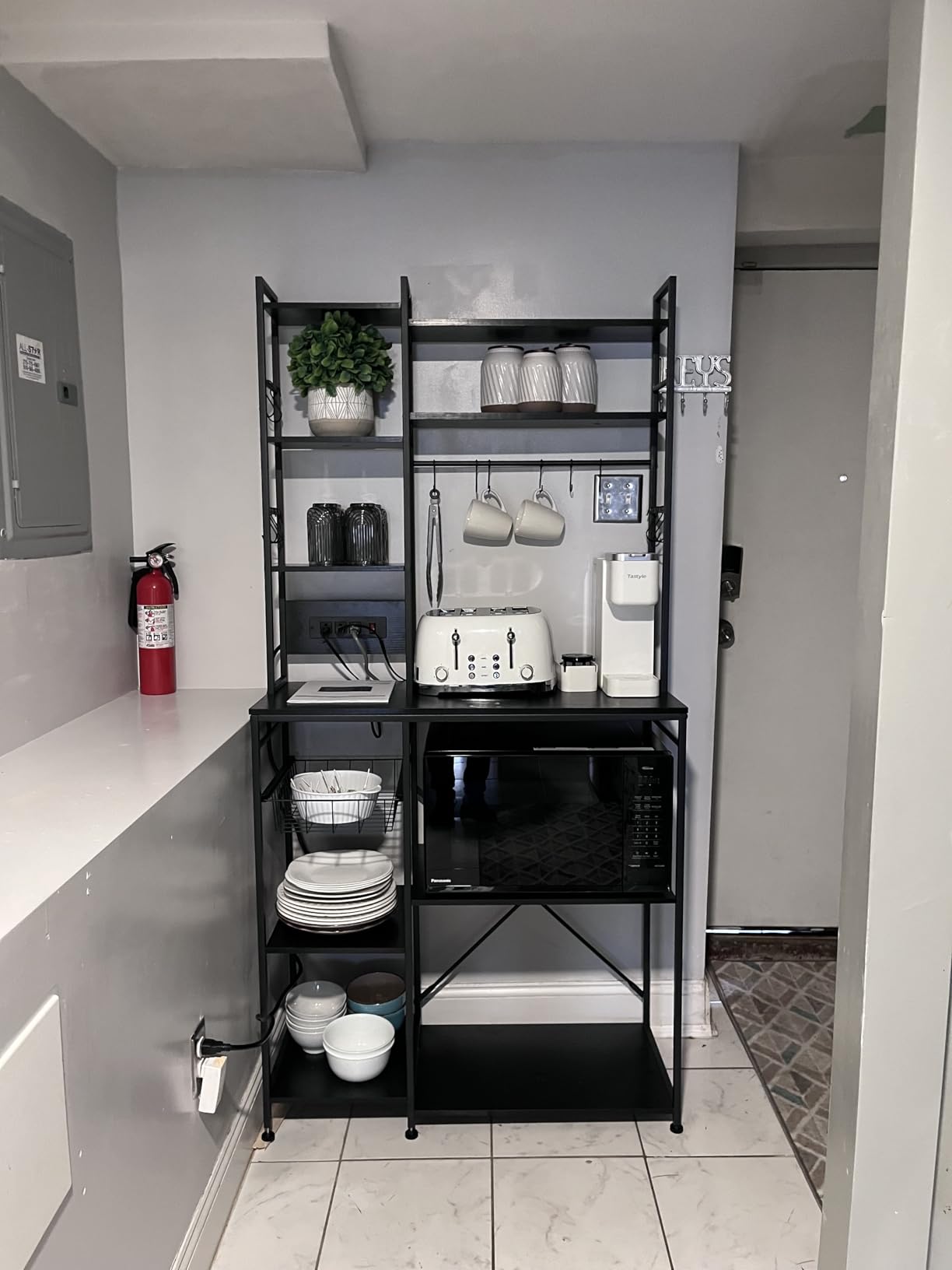 SNTD Baker Rack with Power Outlet - Microwave Stand with Storage, Large Coffee Bar Station with 14 Hooks, Metal Kitchen Shelf Rack for Spices, Pots (Rustic Brown) | with Power Outlet customer photo 1
