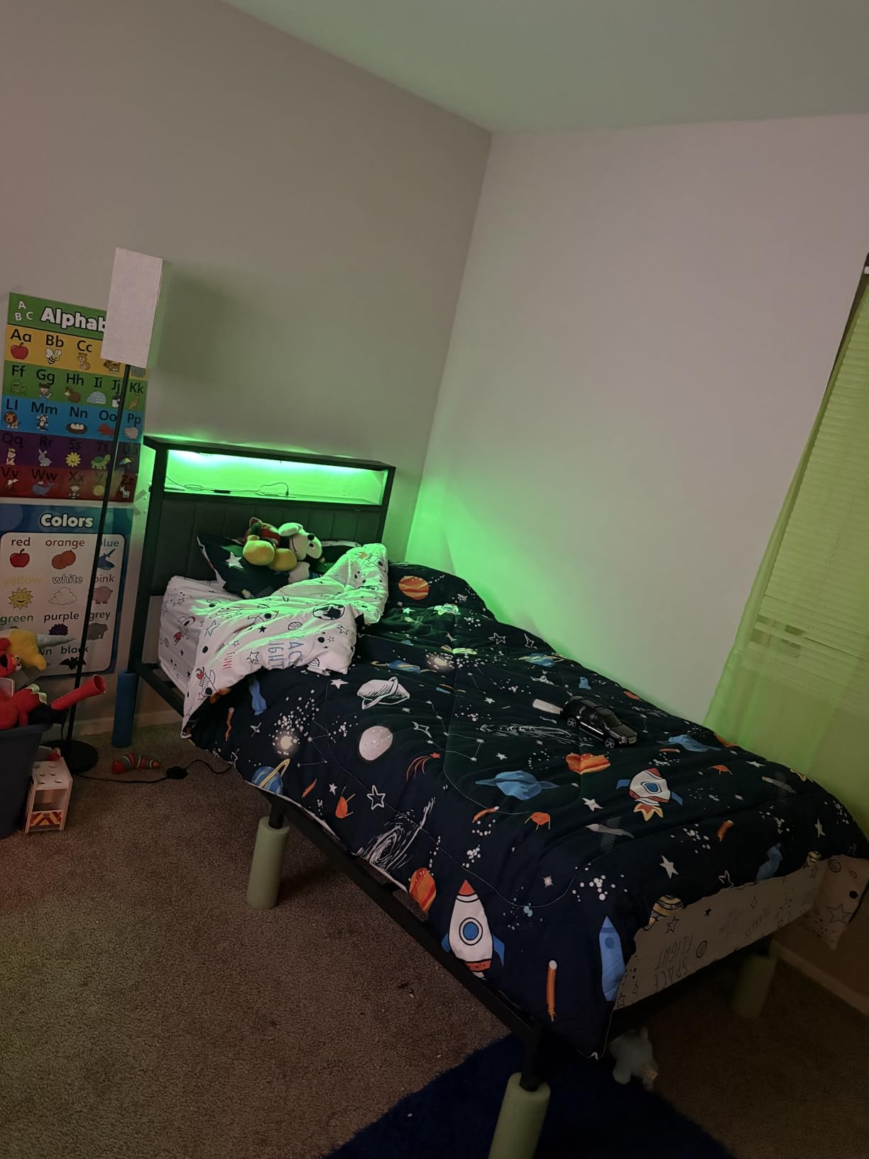 Furnulem Queen Size Bed Frame with Charging Station and LED Lights, Platform Bed with Metal Slats, Grey Upholstered Headboard with 2-Tier Storage Shelves, No Box Spring Needed customer photo 2
