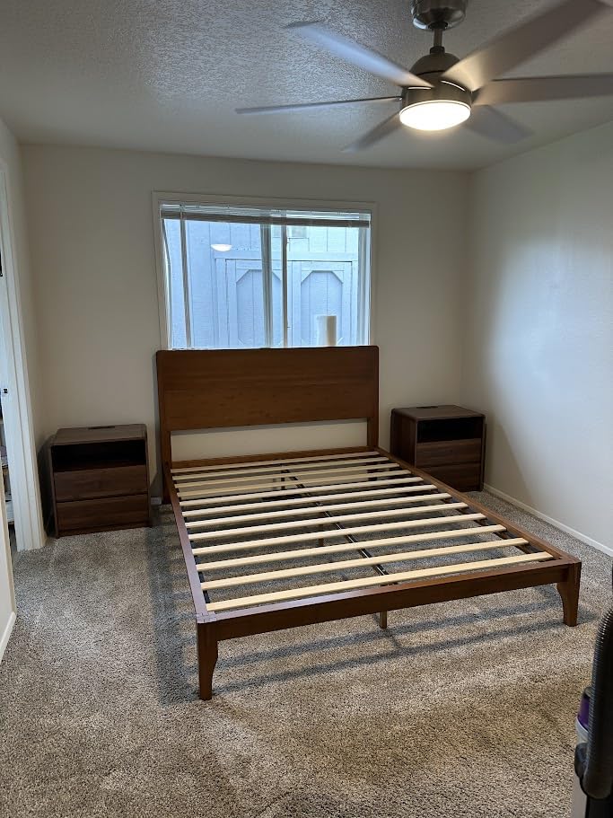 Merax Queen Size Bamboo Platform Bed, Mid-Century Modern Bed Frame with Tall Headboard, Solid Sustainable Bedframe, Wood Slat Support, No Box Spring Needed, Noise Free, Brown customer photo 2