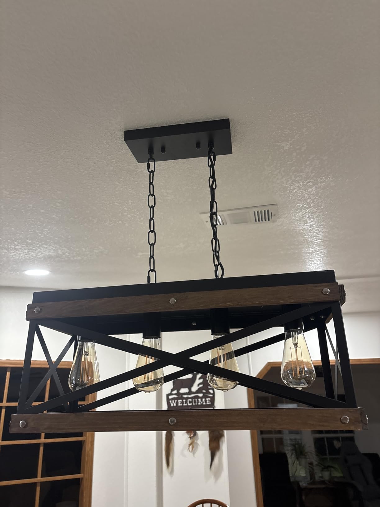 2 Pack Rustic Farmhouse Wood Pendant Light Fixture One-Light Adjustable Chain Oak Wood and Metal Lantern Cage Small Pendant Lighting for Kitchen Island Sink Hallway Farmhouse Bathroom Bar, Black customer photo 1
