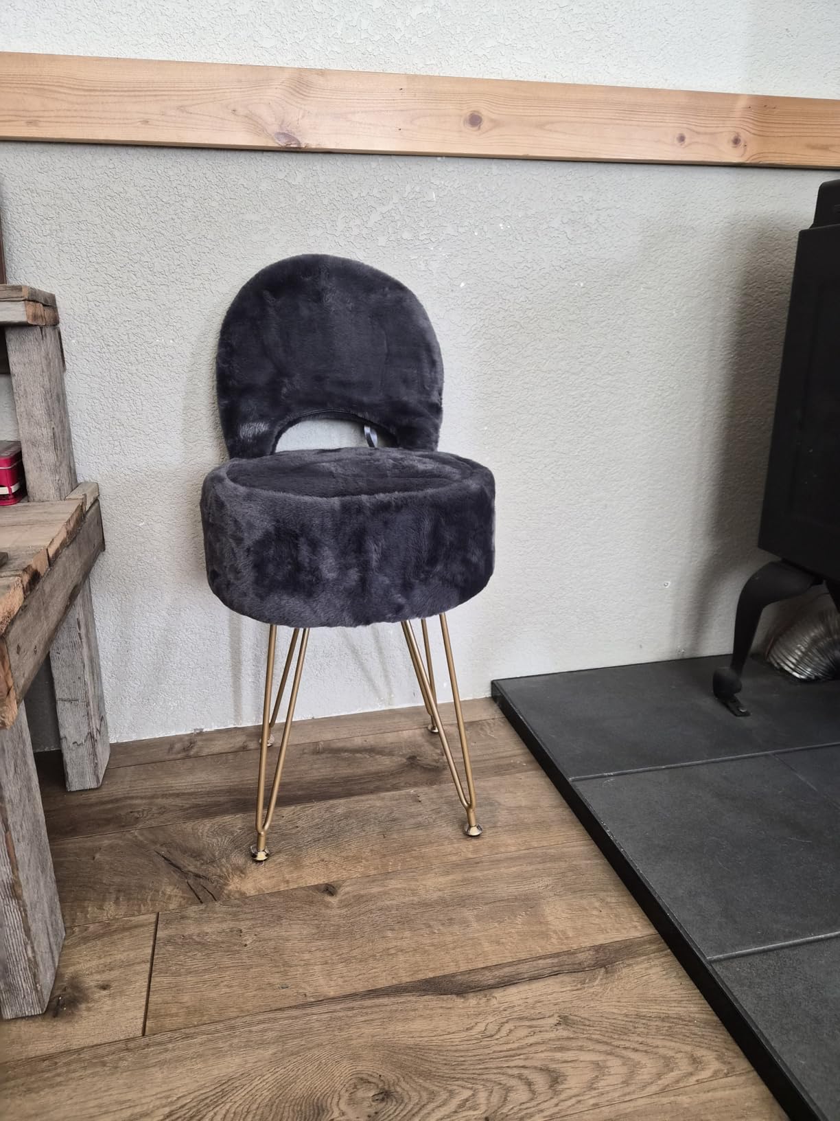 GREENSTELL Small Vanity Stool Chair with Storage and Folding Back, 13 x 13 x 17.7 Faux Fur Soft Ottoman for Teenager, 4 Metal Legs with Anti-Slip Feet, Furry Padded Seat for Makeup, Bedroom, Grey customer photo 1