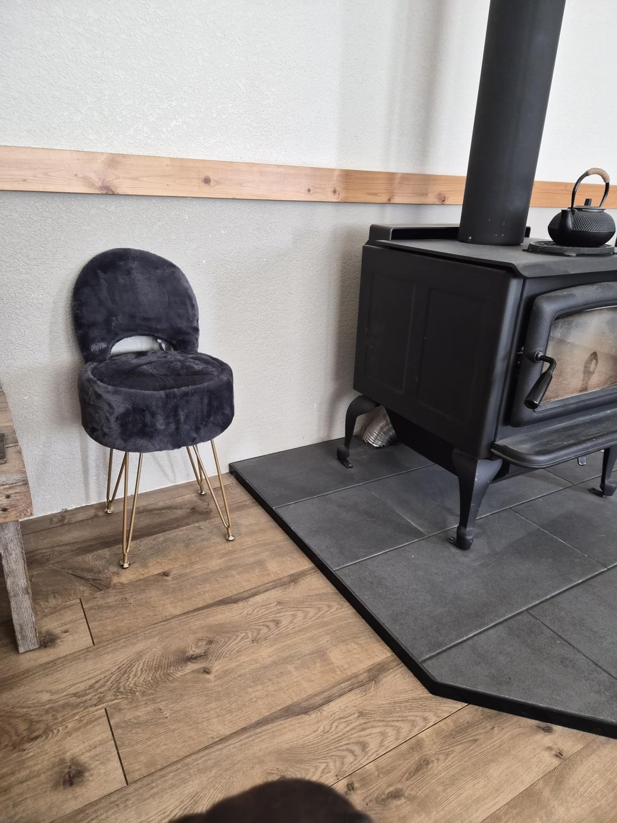 GREENSTELL Small Vanity Stool Chair with Storage and Folding Back, 13 x 13 x 17.7 Faux Fur Soft Ottoman for Teenager, 4 Metal Legs with Anti-Slip Feet, Furry Padded Seat for Makeup, Bedroom, Grey customer photo 2