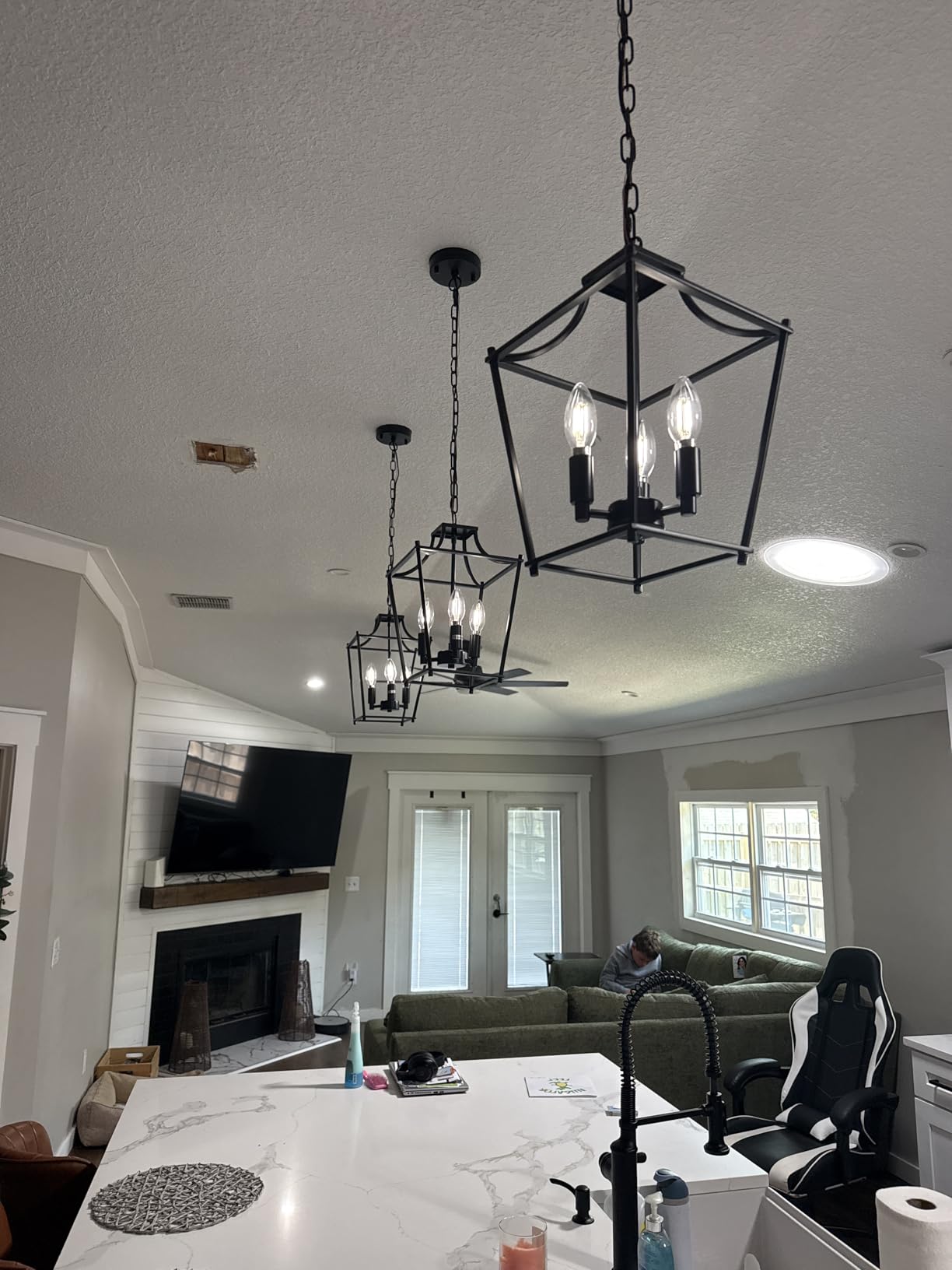 Brushed Nickel Lantern Pendant Light Fixture Pendant Lights for Kitchen Island with Clear Glass Shade, Adjustable Height Rods Pendant Lighting for Dining Room Kitchen Foyer Hallway customer photo 1