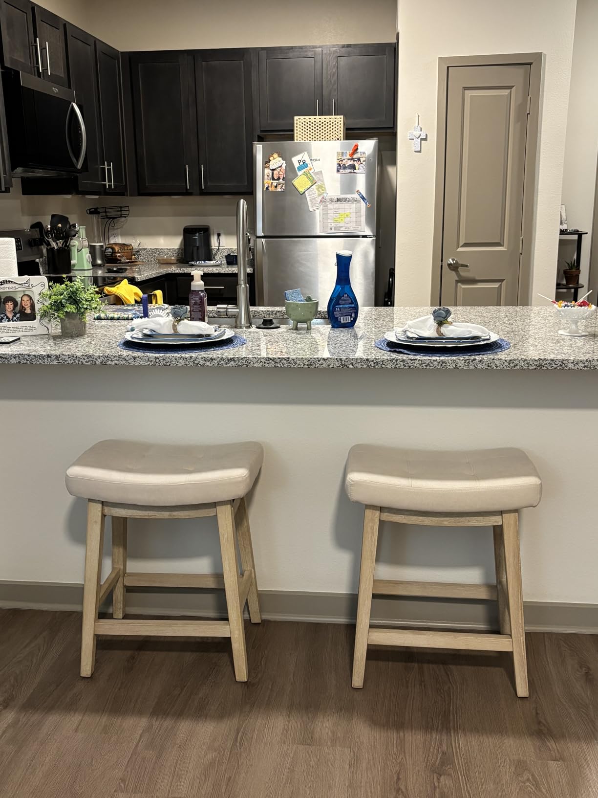 Counter Height Bar Stools Set of 2 for Kitchen Counter, Backless Farmhouse Island Short Barstools No Back with Padded Fabric Saddle Seat & Solid Wood Legs Modern 24 inch Counter Top Bar Chairs, Khaki customer photo 1
