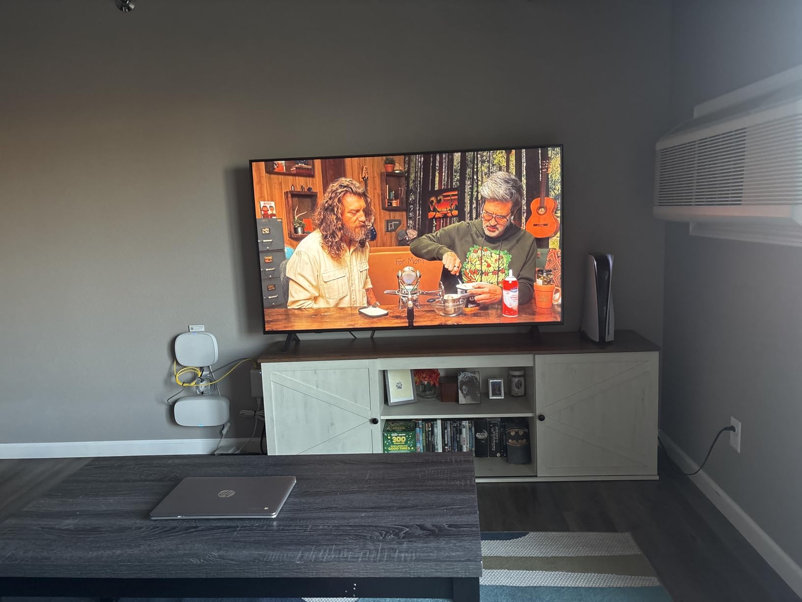 VASAGLE Farmhouse TV Stand for TVs up to 65 Inches, Entertainment Center with Storage Cabinets and Sliding Barn Doors, Media Console Table for Living Room, Rustic White and Honey Brown ULTV535W01 customer photo 2