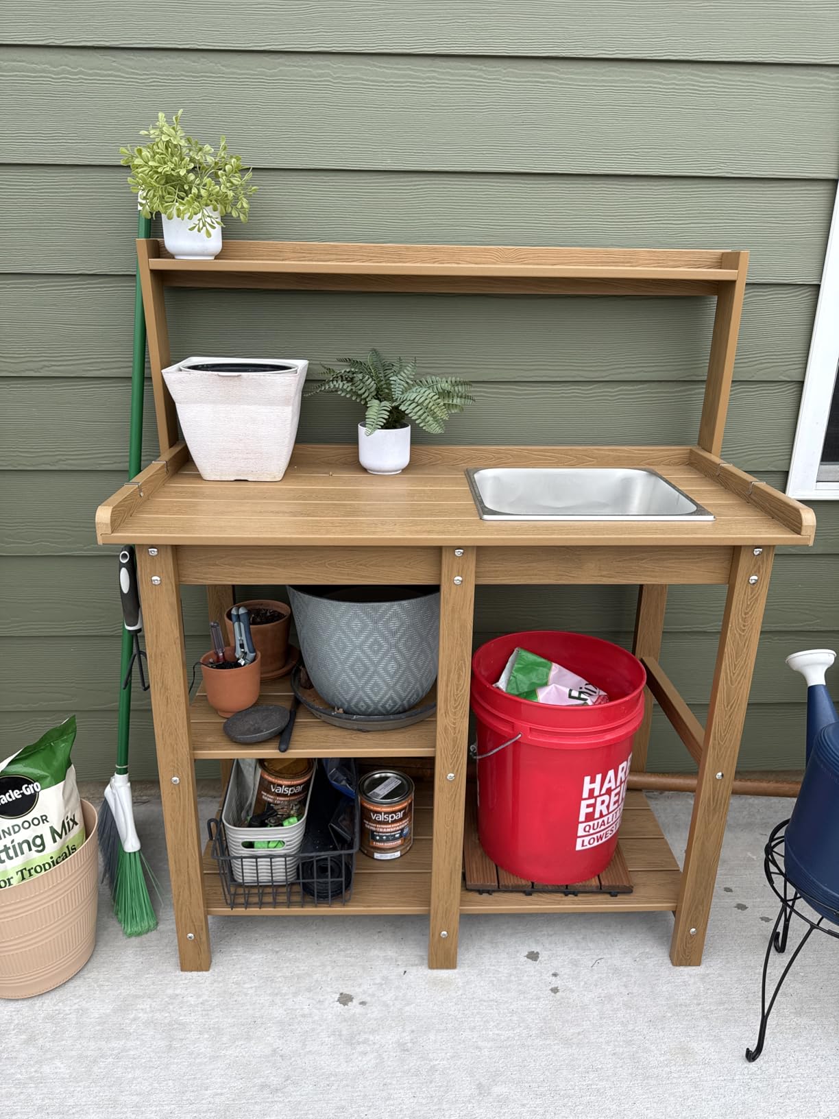 ONBRILL Potting Bench, Outdoor Potting Bench Table with Removable Sink, HDPS Potting Benches for Outside, Garden Table with Storage Shelves & 4 Side Hooks, No Rot, No Fade, No Break, 360lbs Capacity customer photo 2