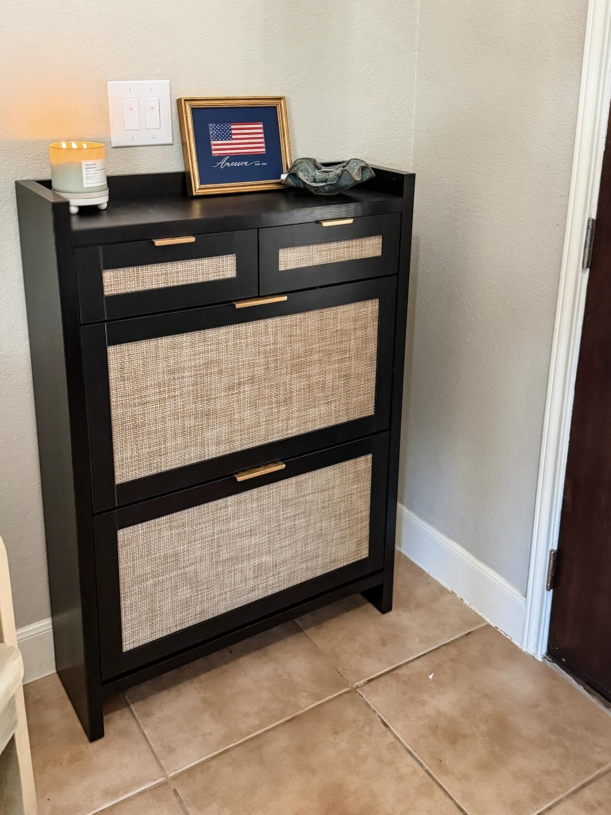 HOKYHOKY Rattan Shoe Storage Cabinet with 2 Drawers & 2 Flip Drawers, Hidden Slim Shoe Organizer for Entryway, Large Tabletop Space, Farmhouse Boho Narrow Shoe Rack, Rustic Oak customer photo 1