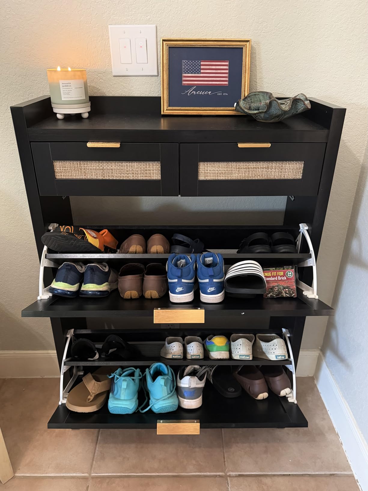 HOKYHOKY Rattan Shoe Storage Cabinet with 2 Drawers & 2 Flip Drawers, Hidden Slim Shoe Organizer for Entryway, Large Tabletop Space, Farmhouse Boho Narrow Shoe Rack, Rustic Oak customer photo 2