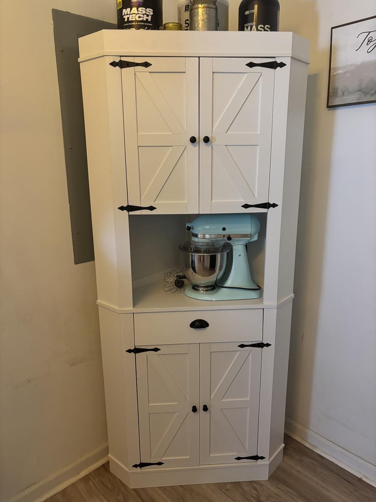 Gyfimoie Corner Cabinet, Kitchen Pantry Storage Cabinet, Freestanding Buffet Hutch with 4 Doors and Shelves, Tall Food Pantry Farmhouse Furniture with Side Rack for Kitchen Dining Room (White) customer photo 1