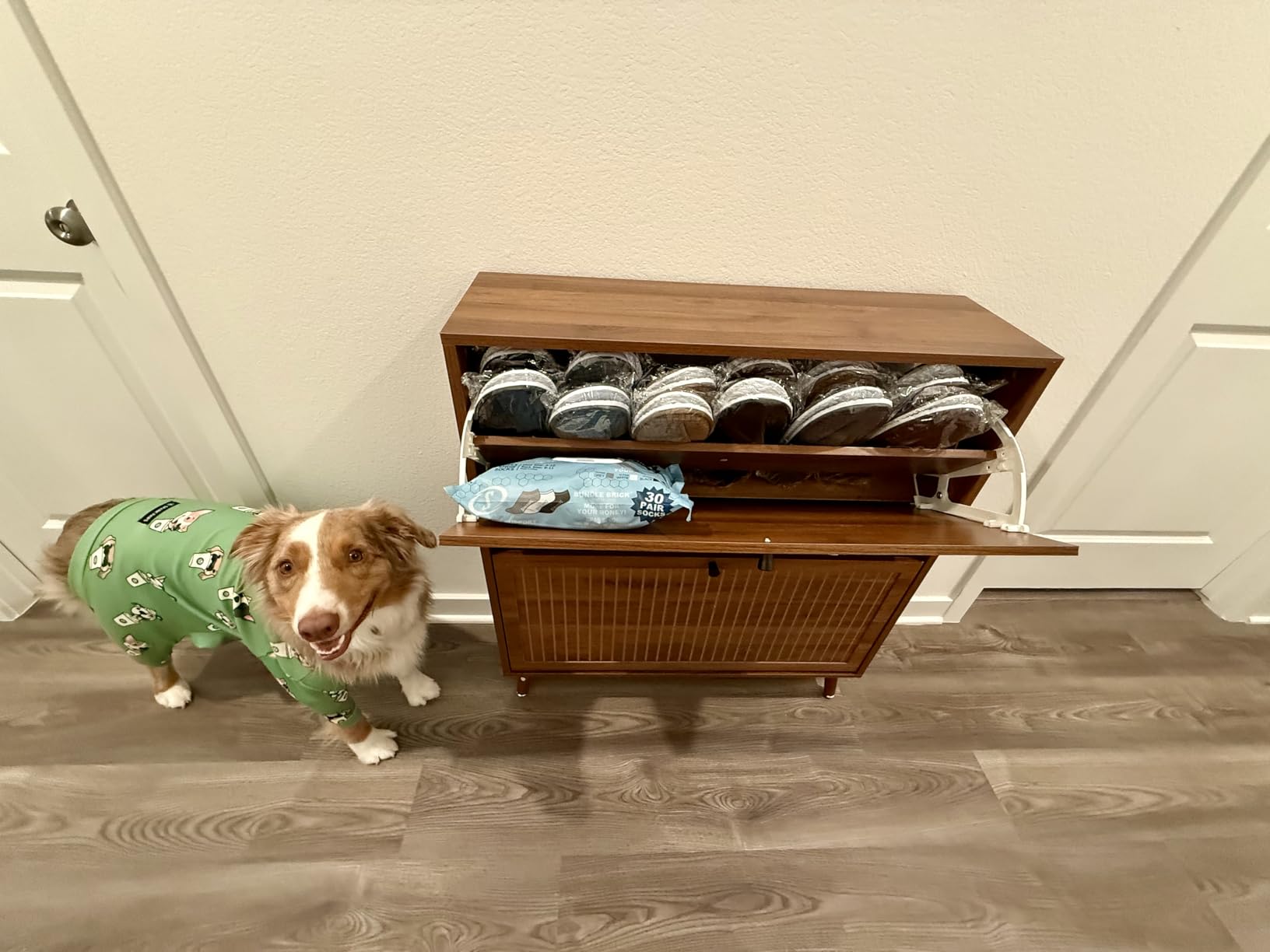 Fsbecl Shoe Storage Cabinet for Entryway with 2 Flip Drawers, Narrow Wood Shoe Cabinet with Fluted Panel, Freestanding Hidden Shoe Organizer for Foyer, Hallway, Walnut customer photo 2