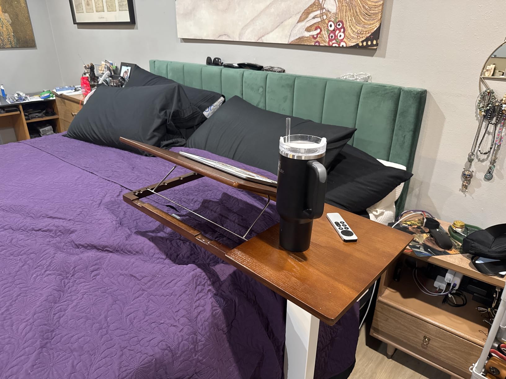 Muwuele Solid Wood Overbed Bedside Table with Wheels, Adjustable Medical Tilt Top Hospital Bed Table Over The Bed, Rolling Laptop Desk, Mobile Standing Desk for Hospital and Home Use (Walnut) customer photo 2