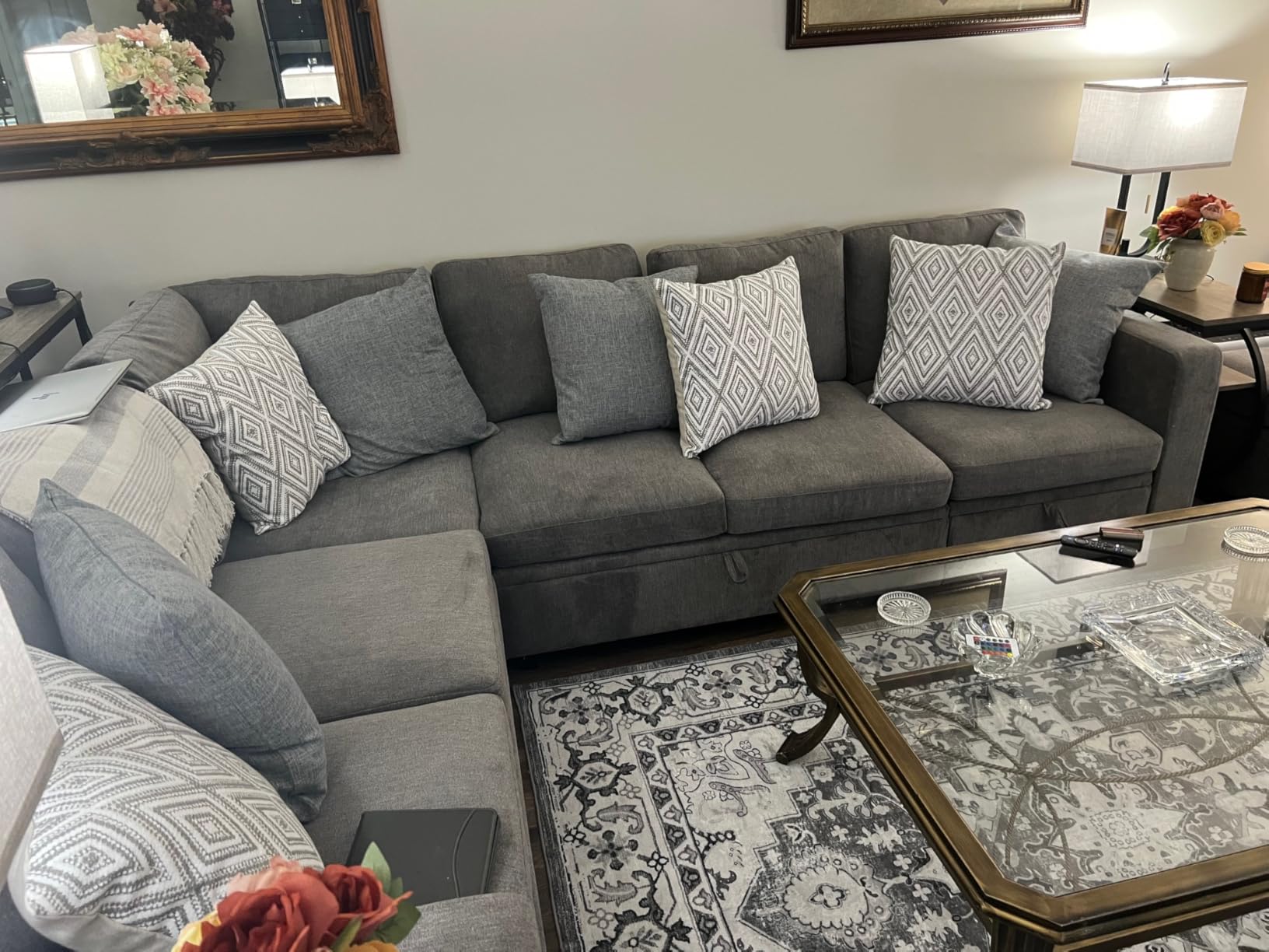 HONBAY Modular Sectional Sleeper Couch with Pull Out Bed, Corduroy L Shaped Sofa with Storage, Convertible Sectional Couches for Living Room, Blue customer photo 1