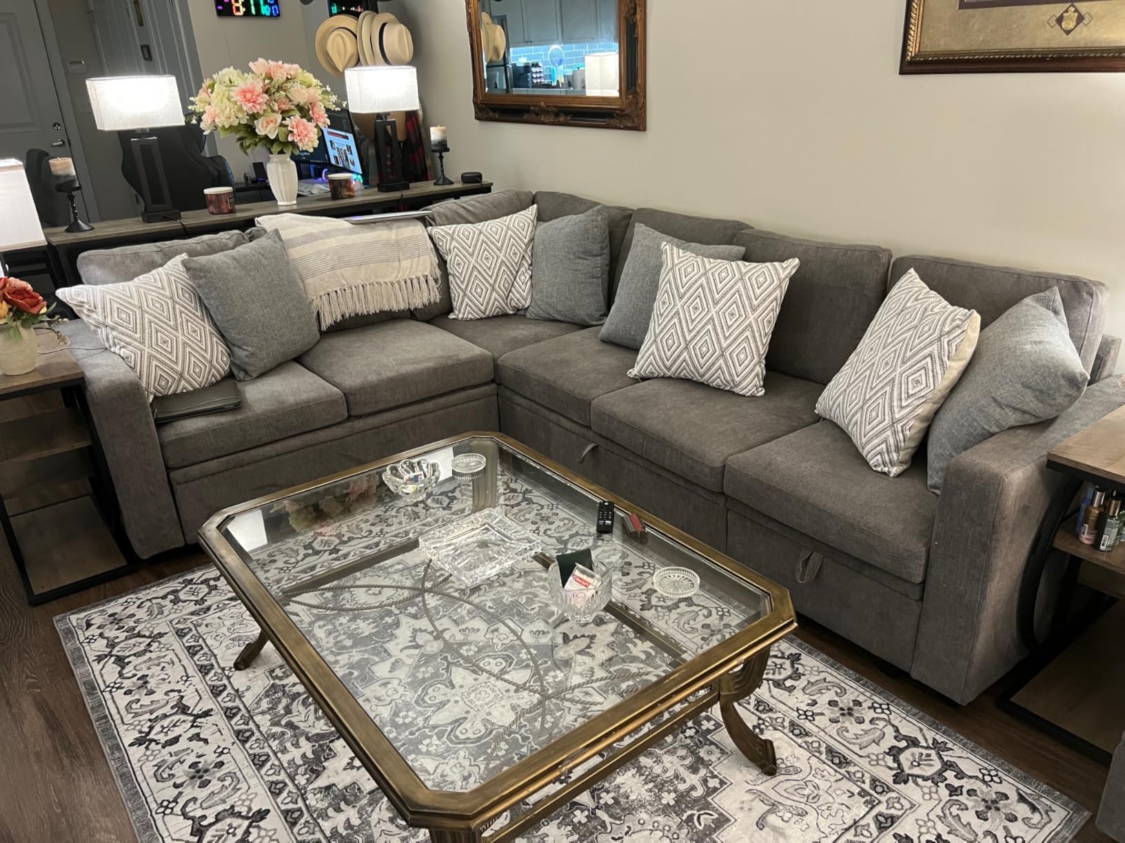 HONBAY Modular Sectional Sleeper Couch with Pull Out Bed, Corduroy L Shaped Sofa with Storage, Convertible Sectional Couches for Living Room, Blue customer photo 2