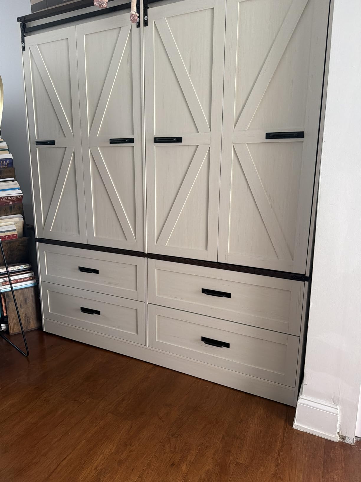 Farmhouse 4 Doors Armoire Wardrobe Closet w/Folding Sliding Barn Door and Lights, LED Armoire Closet w/Drawers for Bedroom, Freestanding Wooden Wardrobe Storage Closets w/Hanging Rod, Rustic Brown customer photo 1