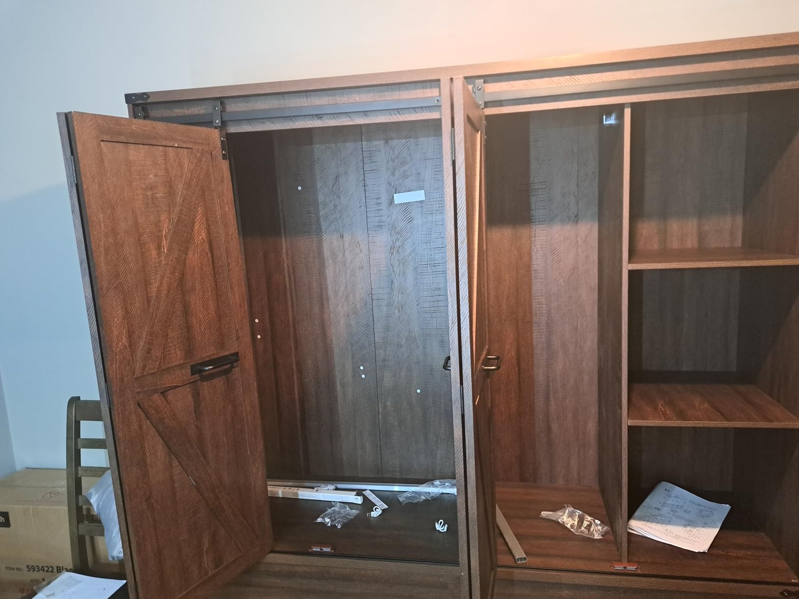Farmhouse 4 Doors Armoire Wardrobe Closet w/Folding Sliding Barn Door and Lights, LED Armoire Closet w/Drawers for Bedroom, Freestanding Wooden Wardrobe Storage Closets w/Hanging Rod, Rustic Brown customer photo 2