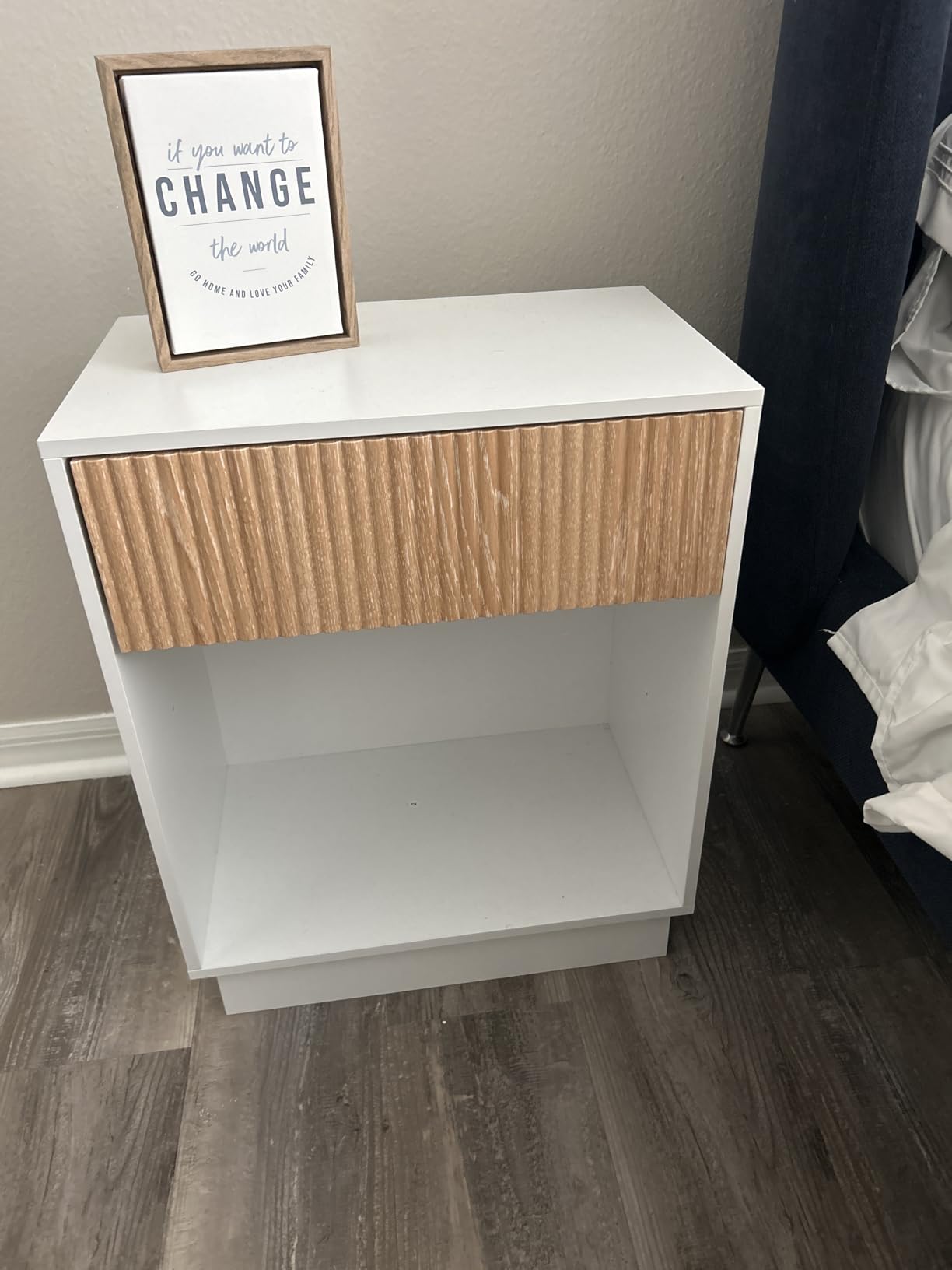 Fluted Nightstands Set of 2, Modern Bedside Table with Drawer and Storage Shelf, Wood End Table Mid Century Night Stands for Bedroom Living Room Sofa Couch Office (White+Oak) customer photo 1