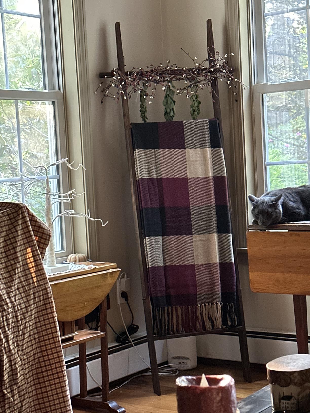 Farmhouse Wooden Blanket Ladder with Removable Hooks, 6-Tier Rustic Blanket Rack Decorative Stand, Leaning Towel Quilt Rack Holder for Bathroom Living Room Decor, Brown customer photo 1