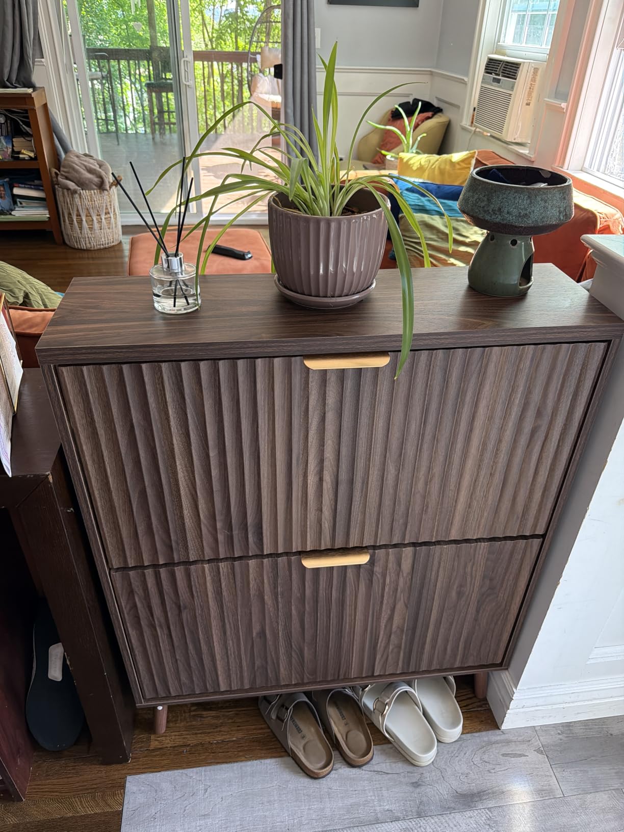Shoe Cabinet Storage, Modern Freestanding Organizer with 2 Flip Drawers, Narrow Shoe Rack for Entryway, Walnut customer photo 1