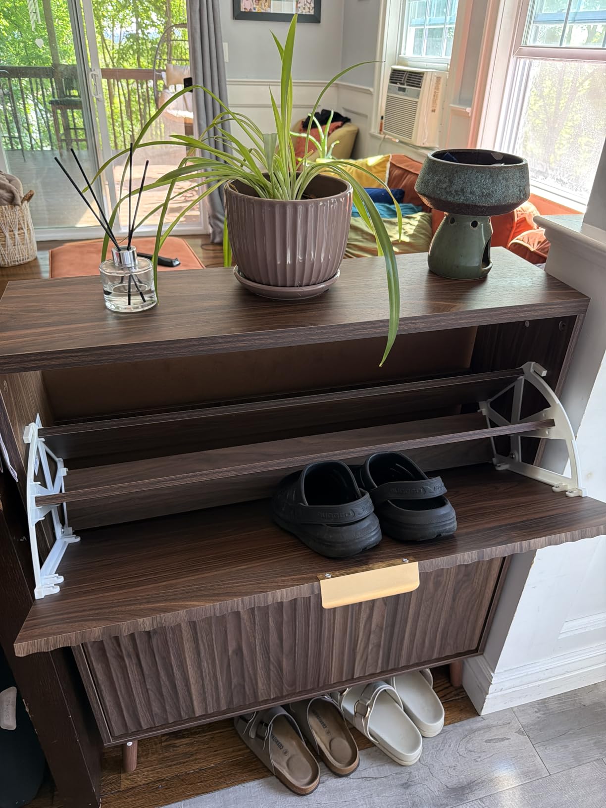 Shoe Cabinet Storage, Modern Freestanding Organizer with 2 Flip Drawers, Narrow Shoe Rack for Entryway, Walnut customer photo 2