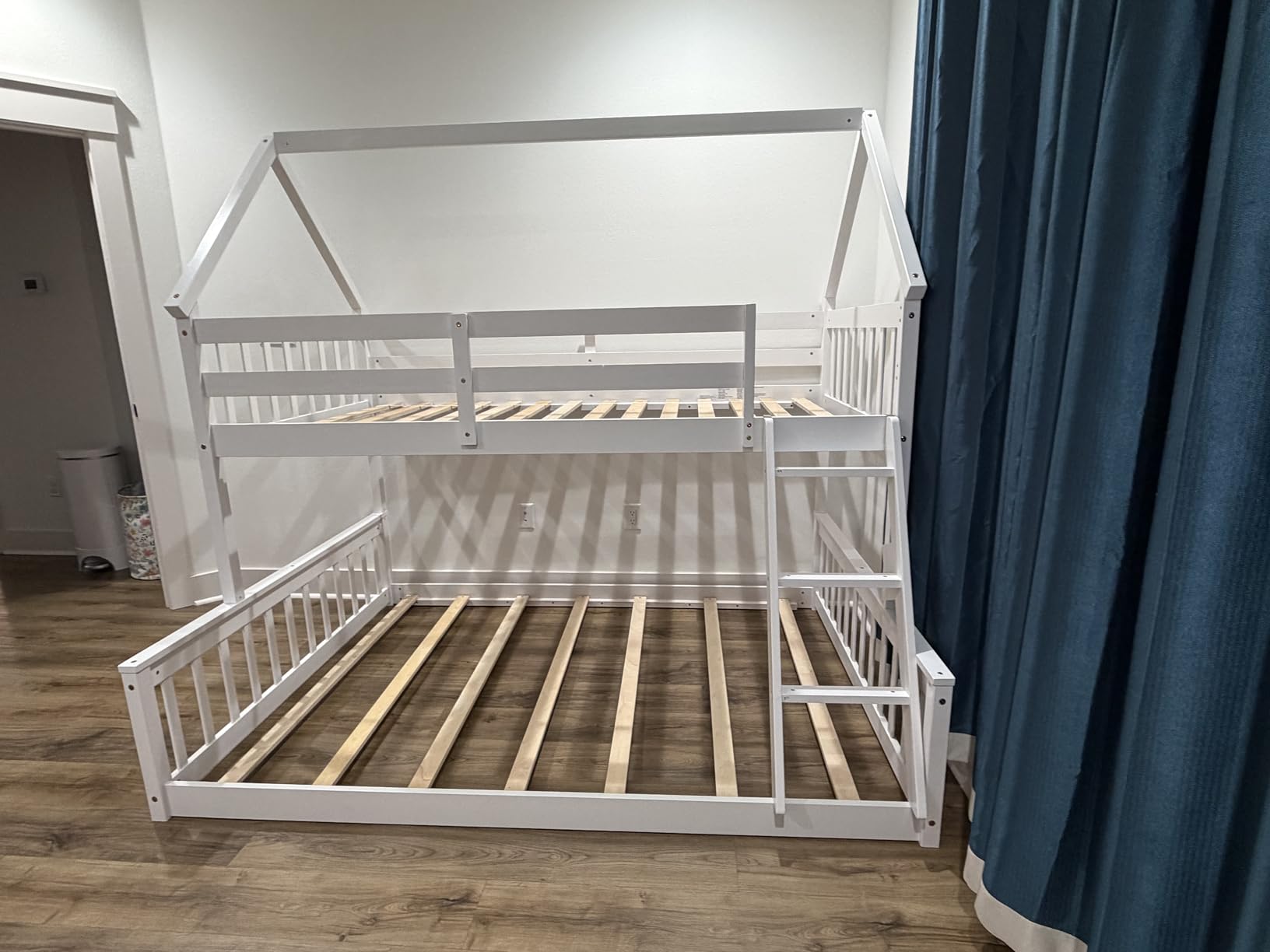 KOMFOTT Wood Twin Over Twin Bunk Bed with Slide & Staircase, Twin House Bunk Bed with Safety Guardrails & Storage, Floor House Bed with Wooden Slat Support for Boys Girls, No Box Spring Needed, Grey customer photo 1